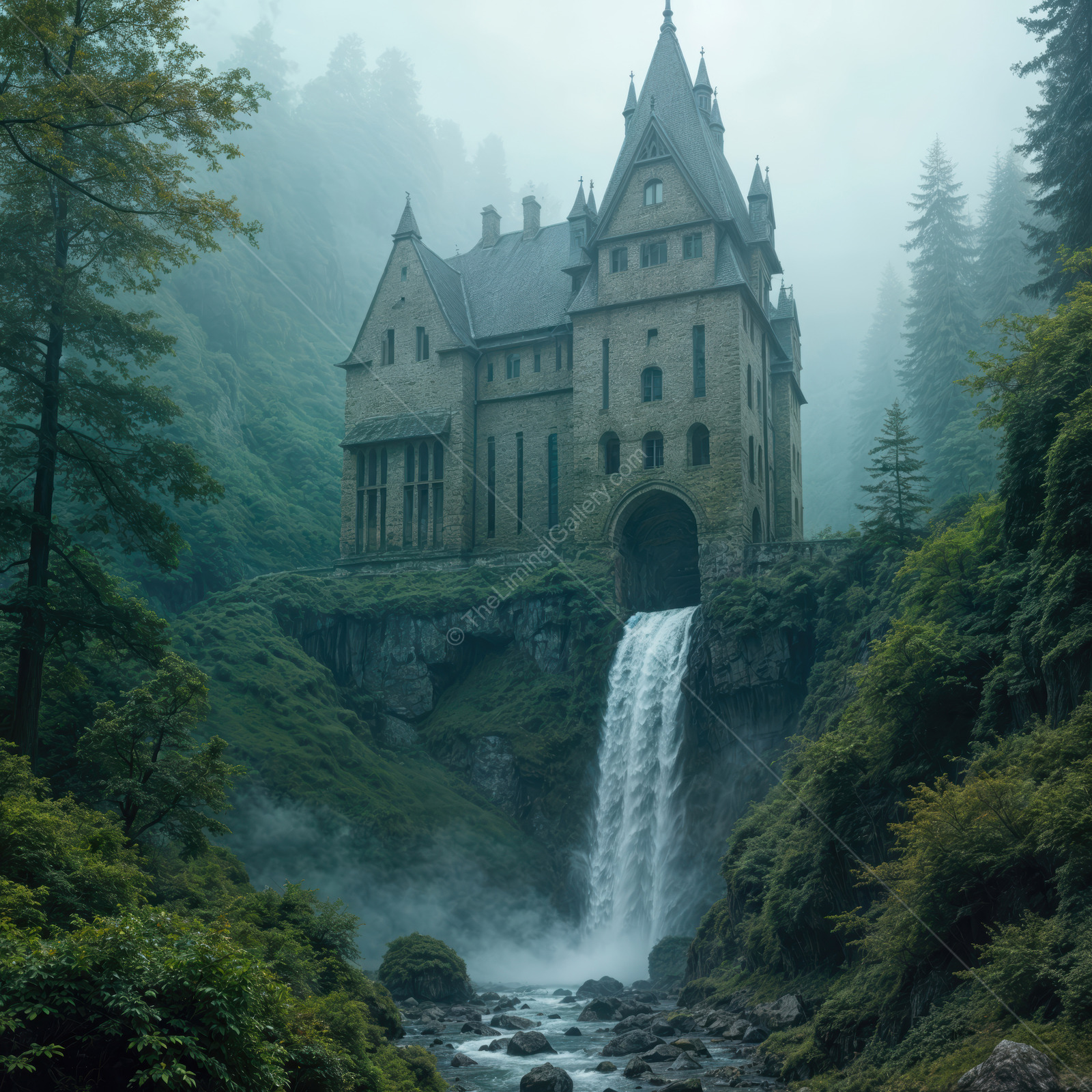 Mysterious castle stands tall by a cascading waterfall in a fog-covered forest landscape at dawn
