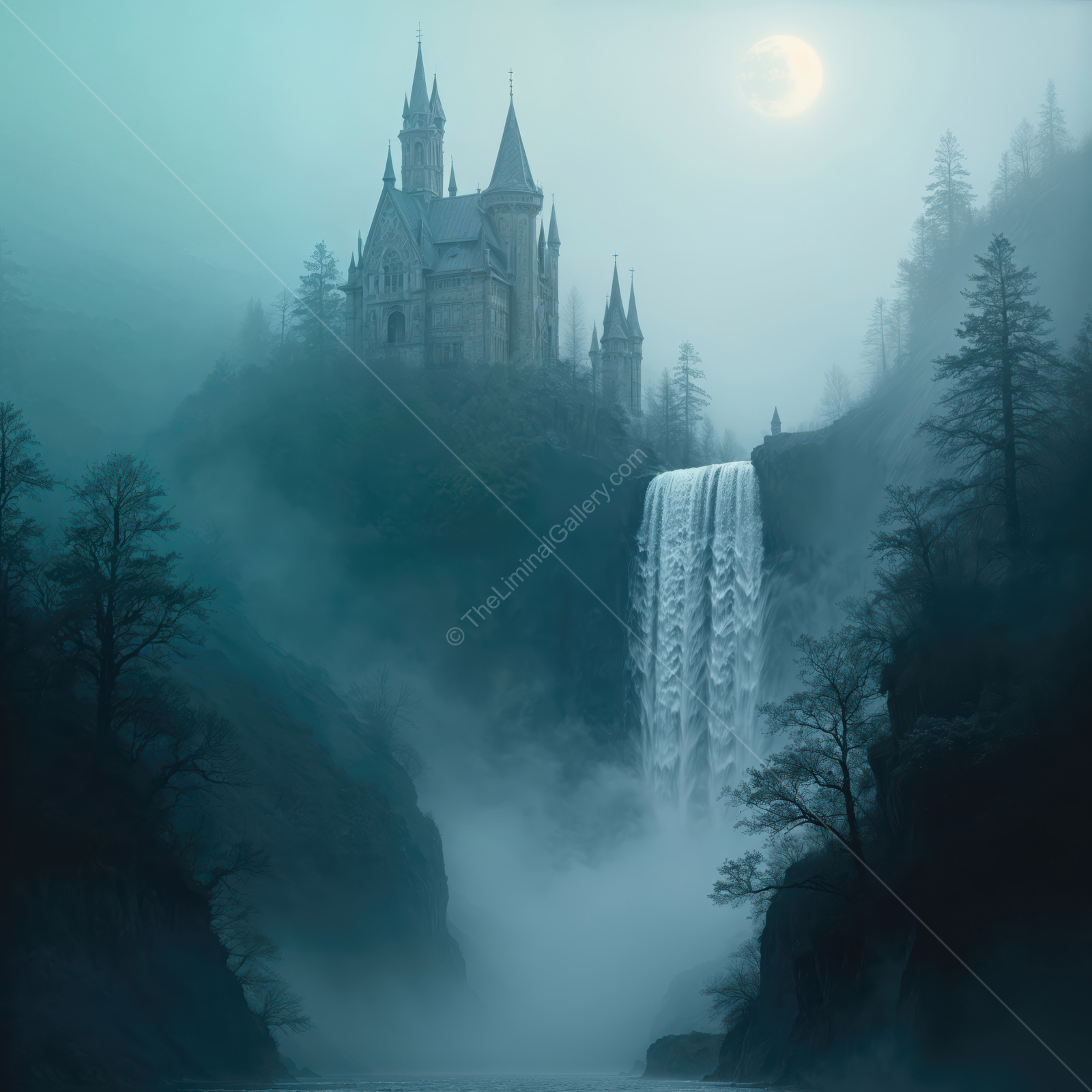 Majestic castle surrounded by mist and a cascading waterfall under a moonlit sky