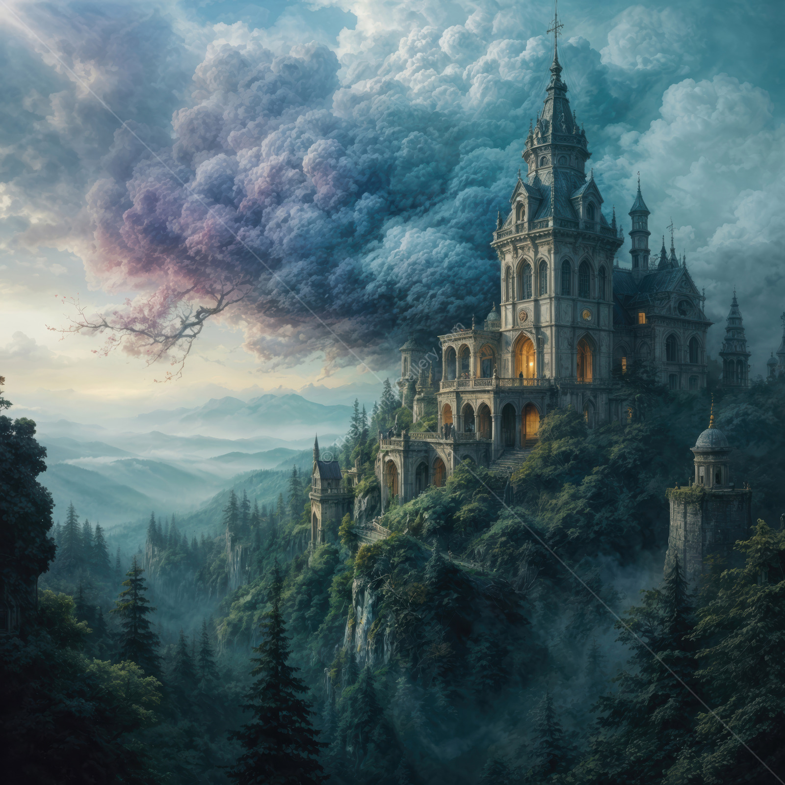 Majestic castle rises from the misty mountains under a dramatic sky at twilight