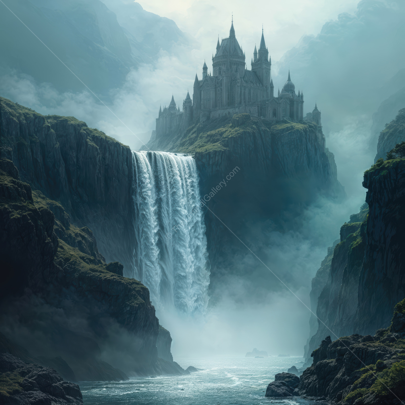 Majestic castle surrounded by misty mountains and a powerful waterfall at dawn