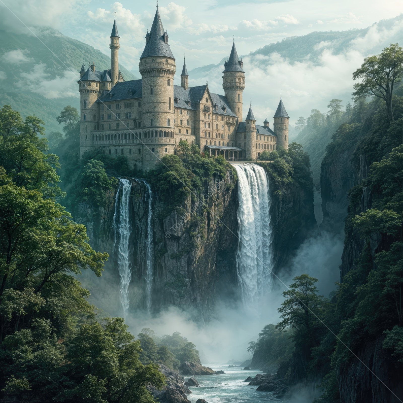Majestic castle perched atop a waterfall with lush greenery surrounding it in a misty landscape