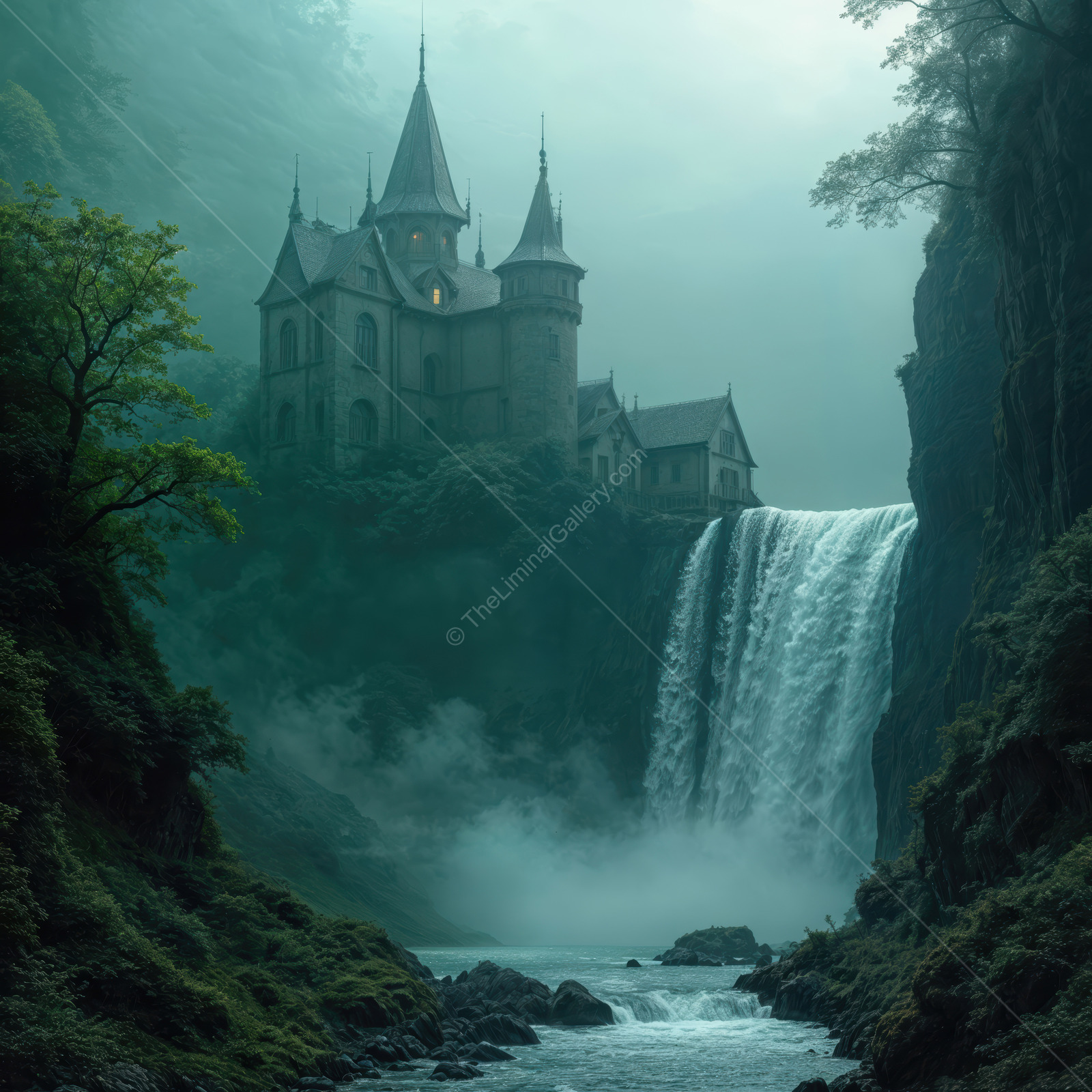 Mysterious castle surrounded by mist and a cascading waterfall in an enchanting landscape