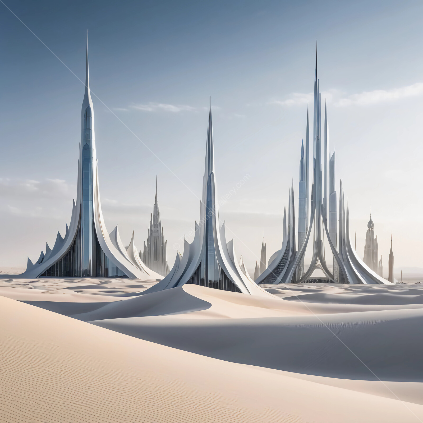 Futuristic towers rise majestically against the arid desert landscape under a clear sky