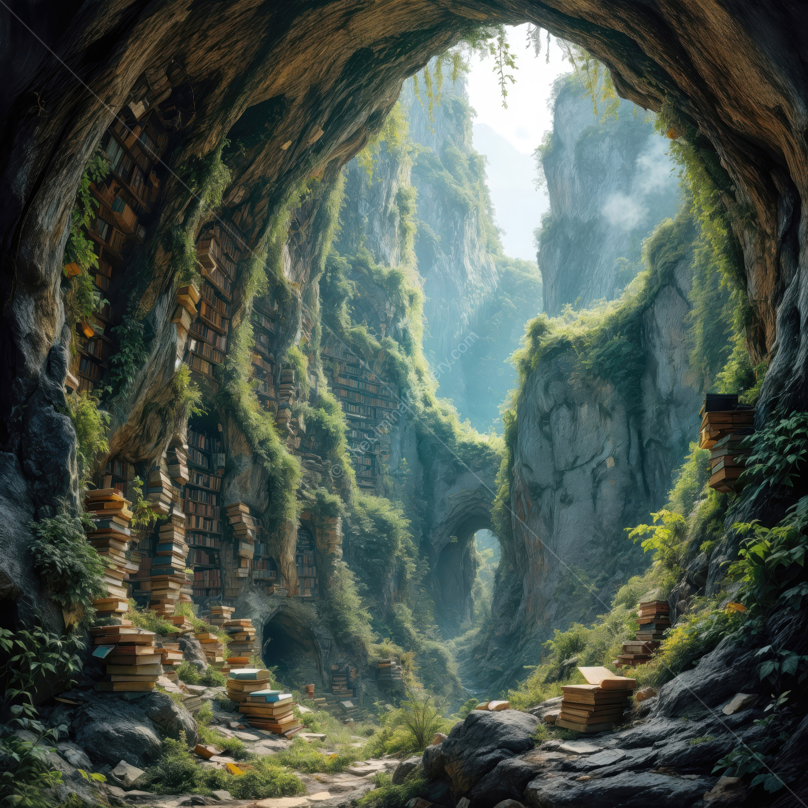 Enchanting cave of knowledge filled with nature's embrace and ancient books under a serene sky