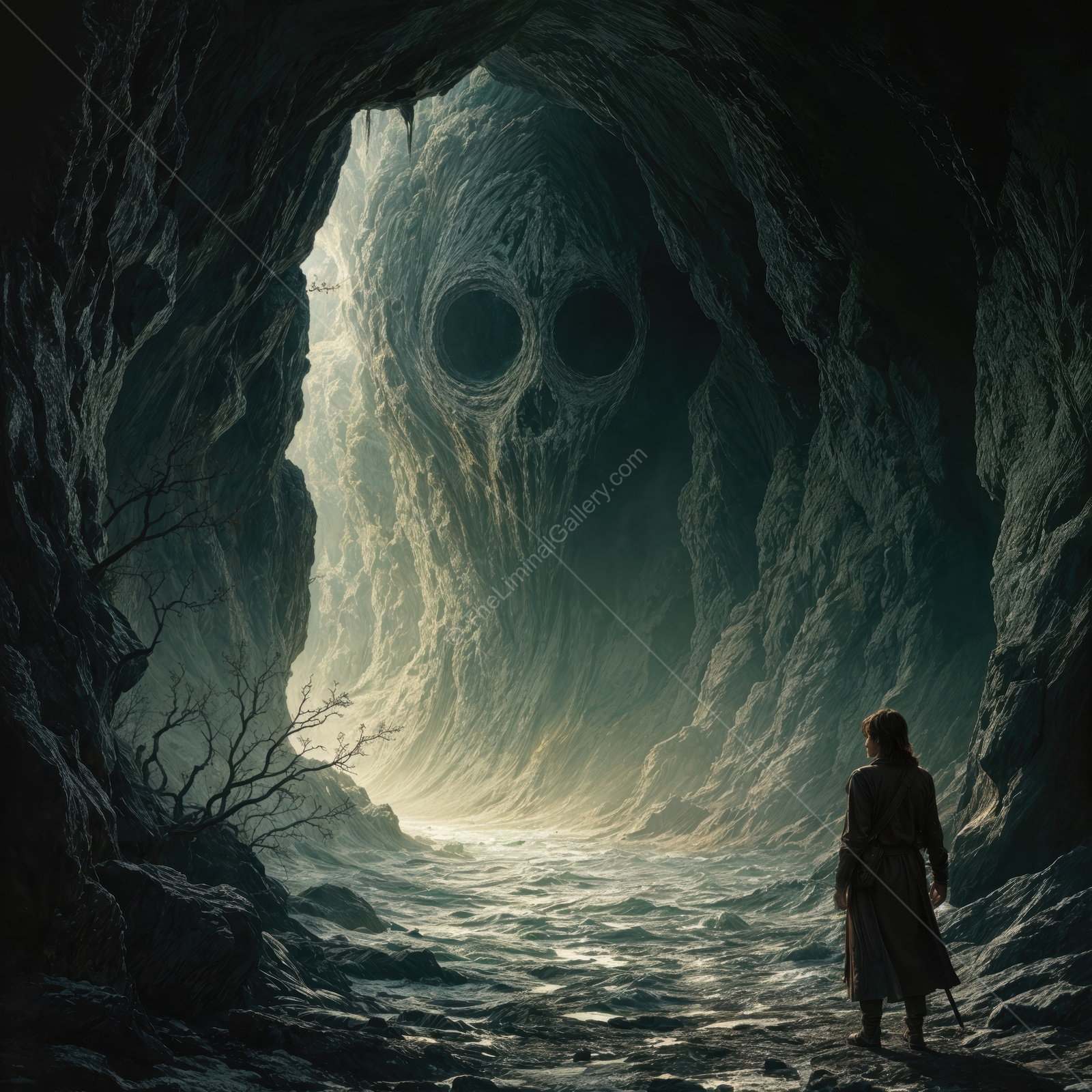 Mysterious cave with a ghostly skull figure looming over a lone traveler at dawn