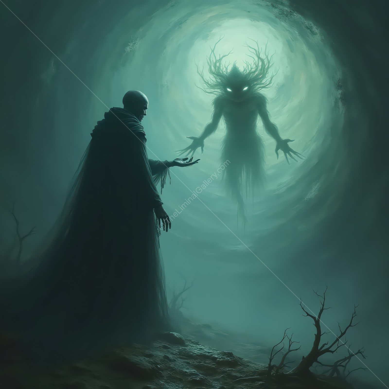 Dark encounter in a mystical cavern with shadowy figures and eerie light illuminating the scene