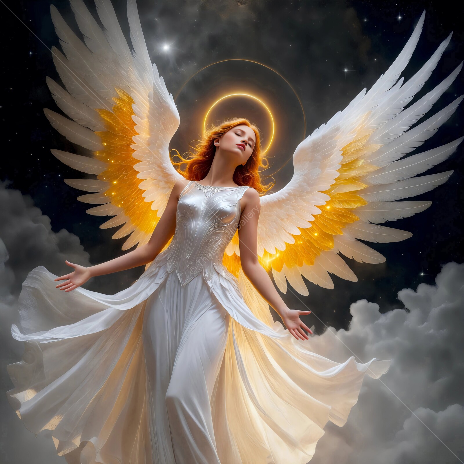 Ethereal angelic beauty soars through celestial skies, radiating divine light and grace in a moment of serenity and peace