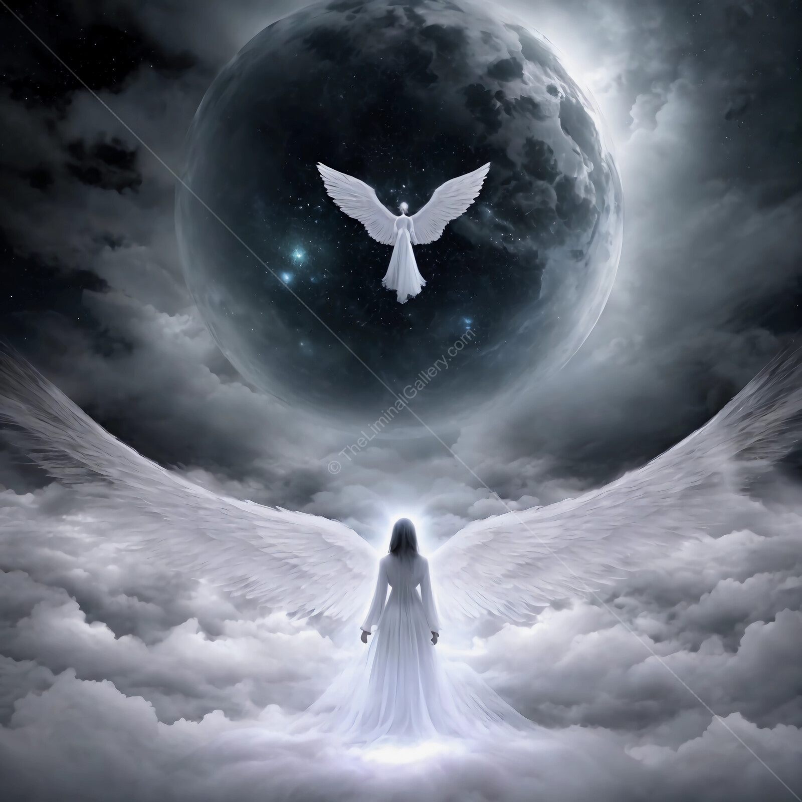 Ethereal angelic figure in white gown gazes at celestial angel in a dreamlike sky filled with swirling clouds