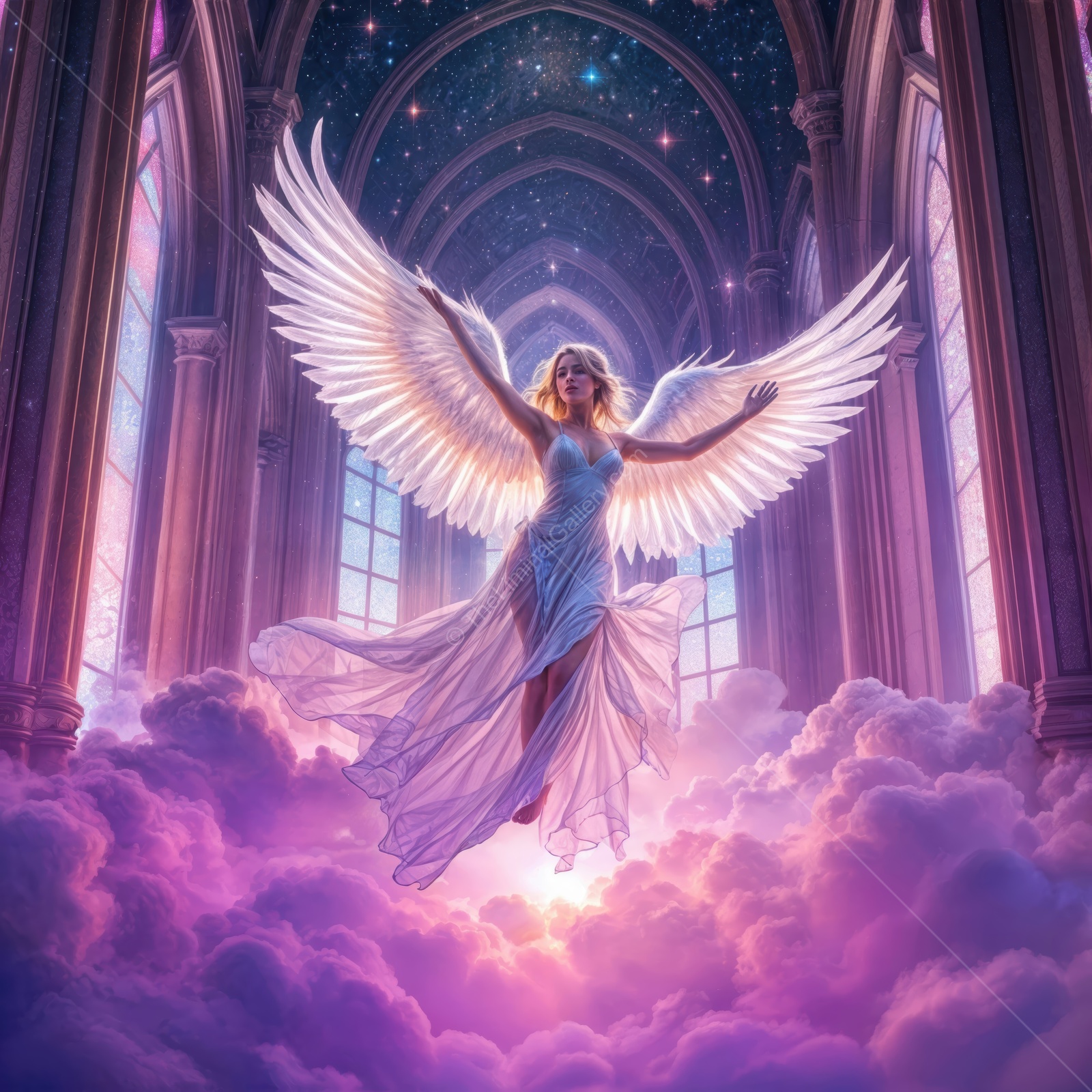 Celestial figure ascends through clouds in an ethereal space filled with light and grandeur