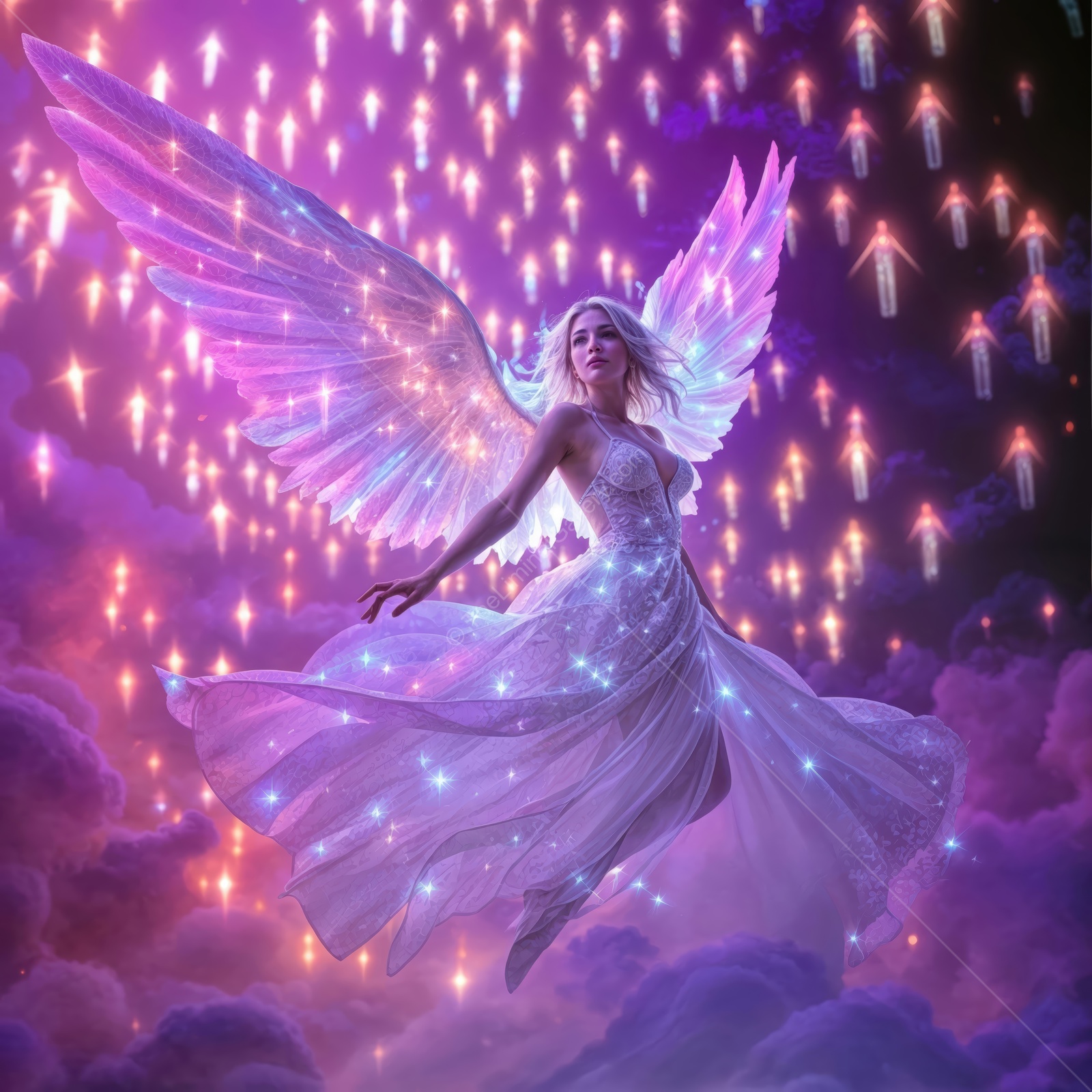 Celestial figure soaring through a magical sky filled with luminous sparkles and vibrant colors at twilight