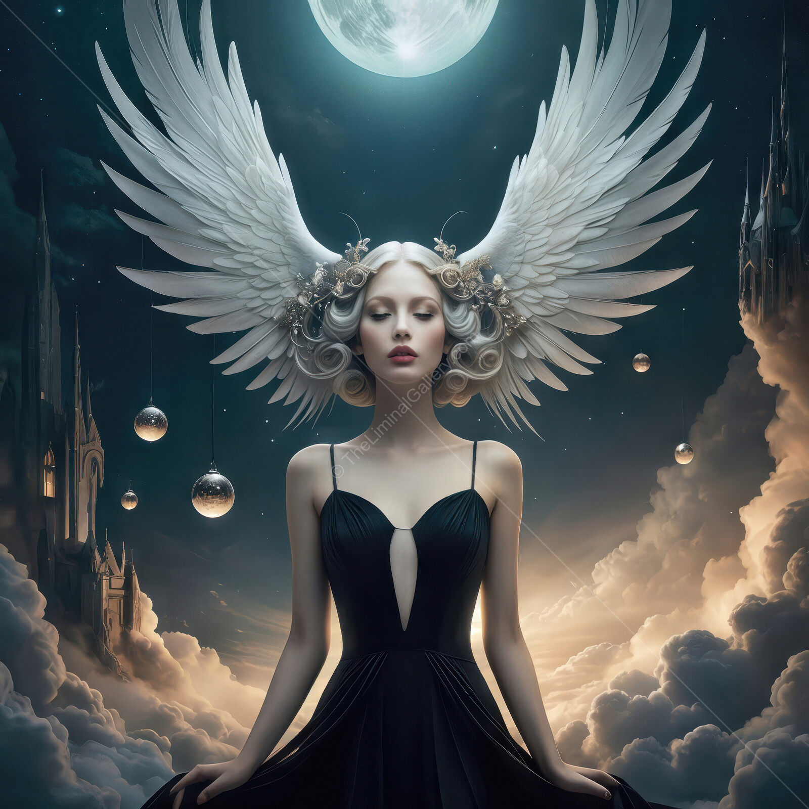 Celestial figures embodying grace and mystery amidst a dreamlike night sky adorned with moonlight