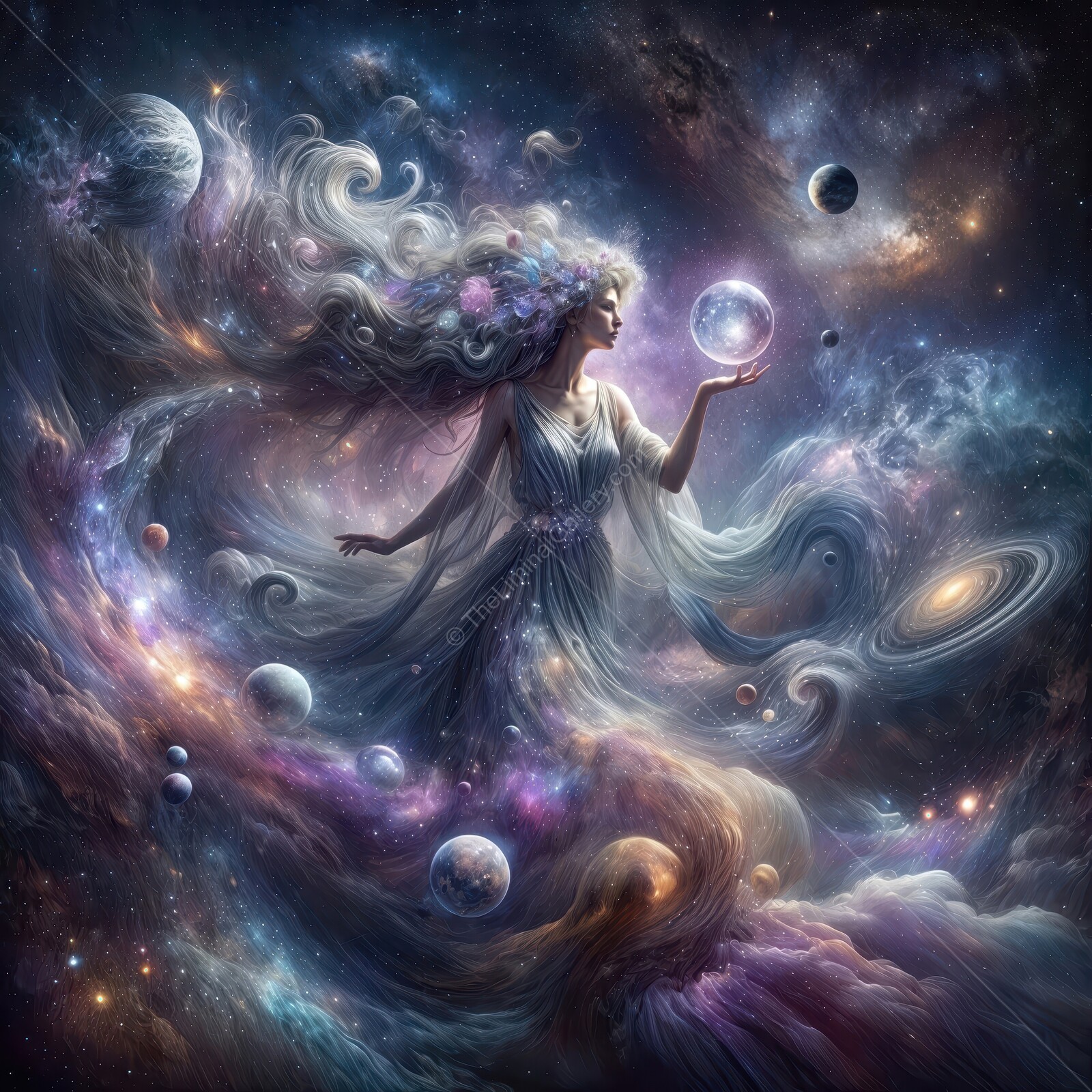 Celestial Venus goddess gracefully holds a crystal sphere while surrounded by swirling galaxies and vibrant planets