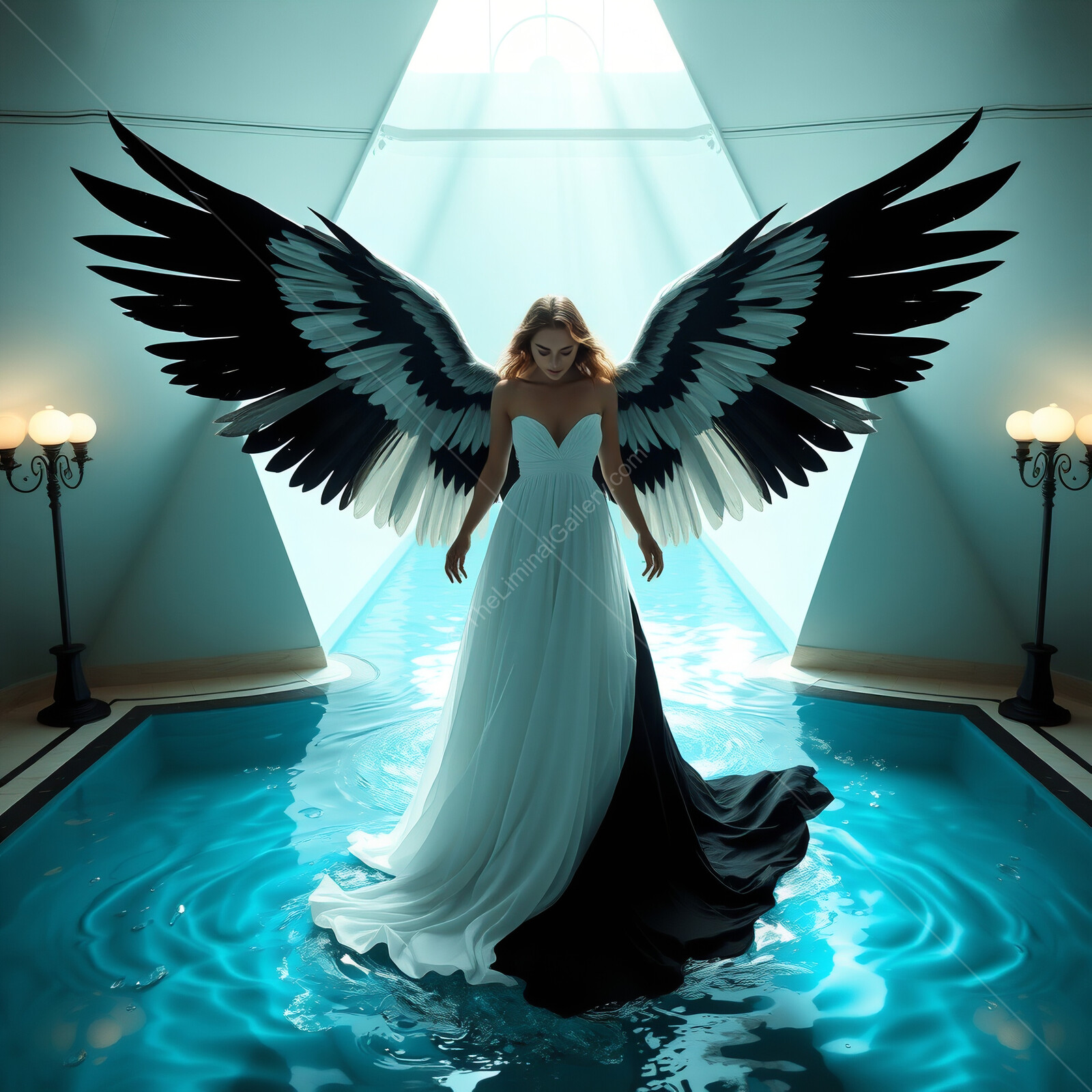 Elegant angel with striking wings gliding over reflective water in a modern architectural space