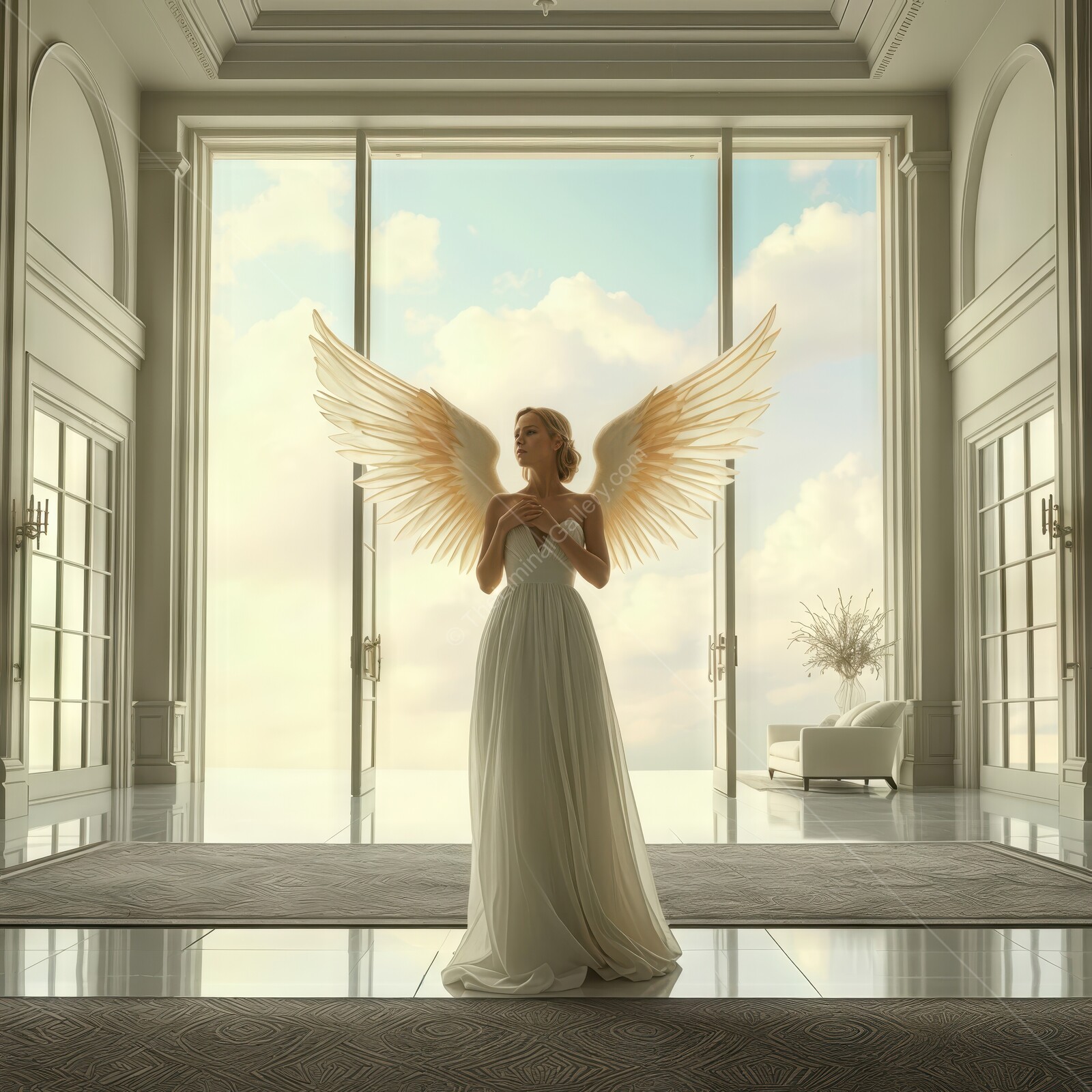 Ethereal angel with wings stands gracefully in a sunlit hall, embodying beauty and serenity