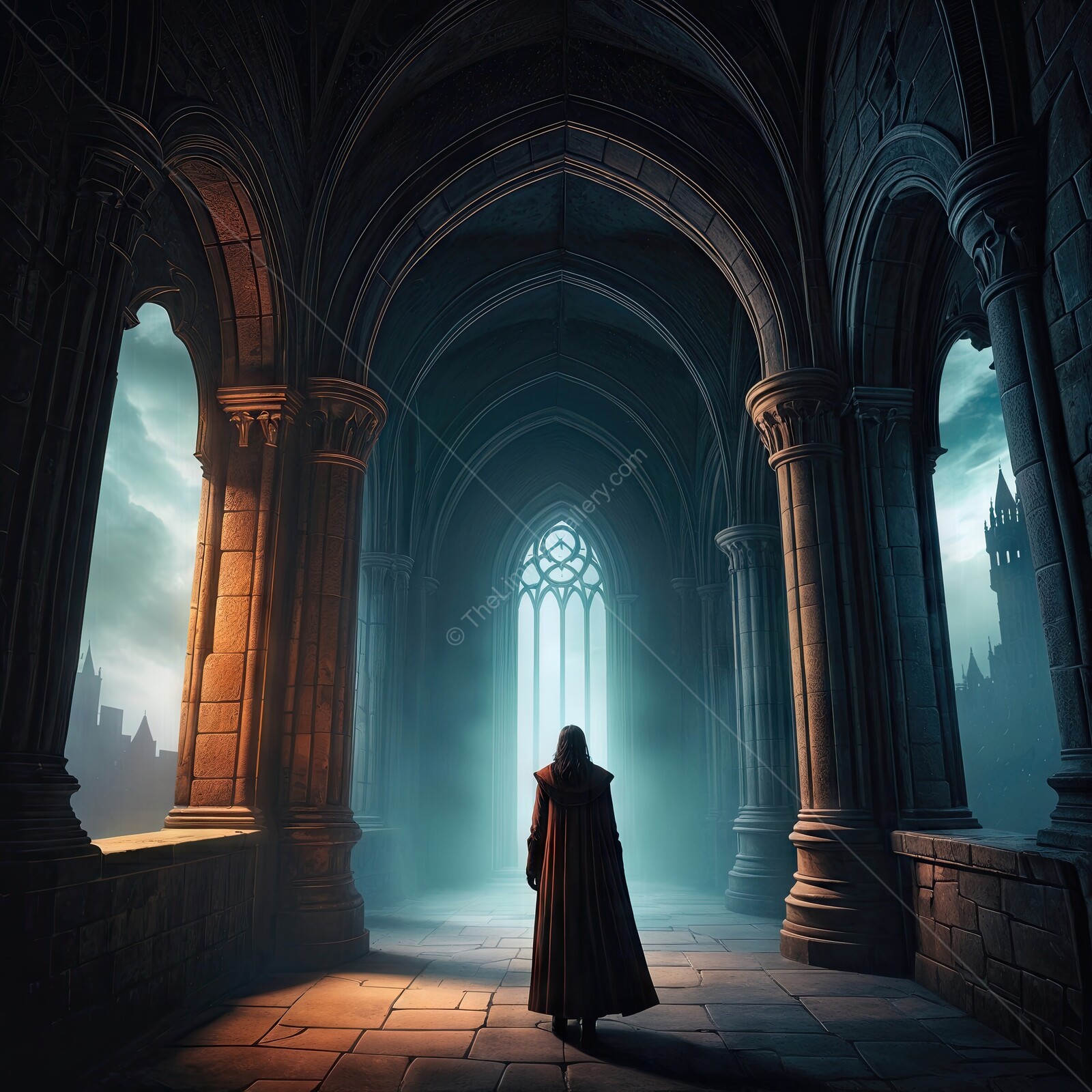 Shadows dance in an ancient cathedral as a cloaked vampire hunter contemplates the mysteries within at dusk