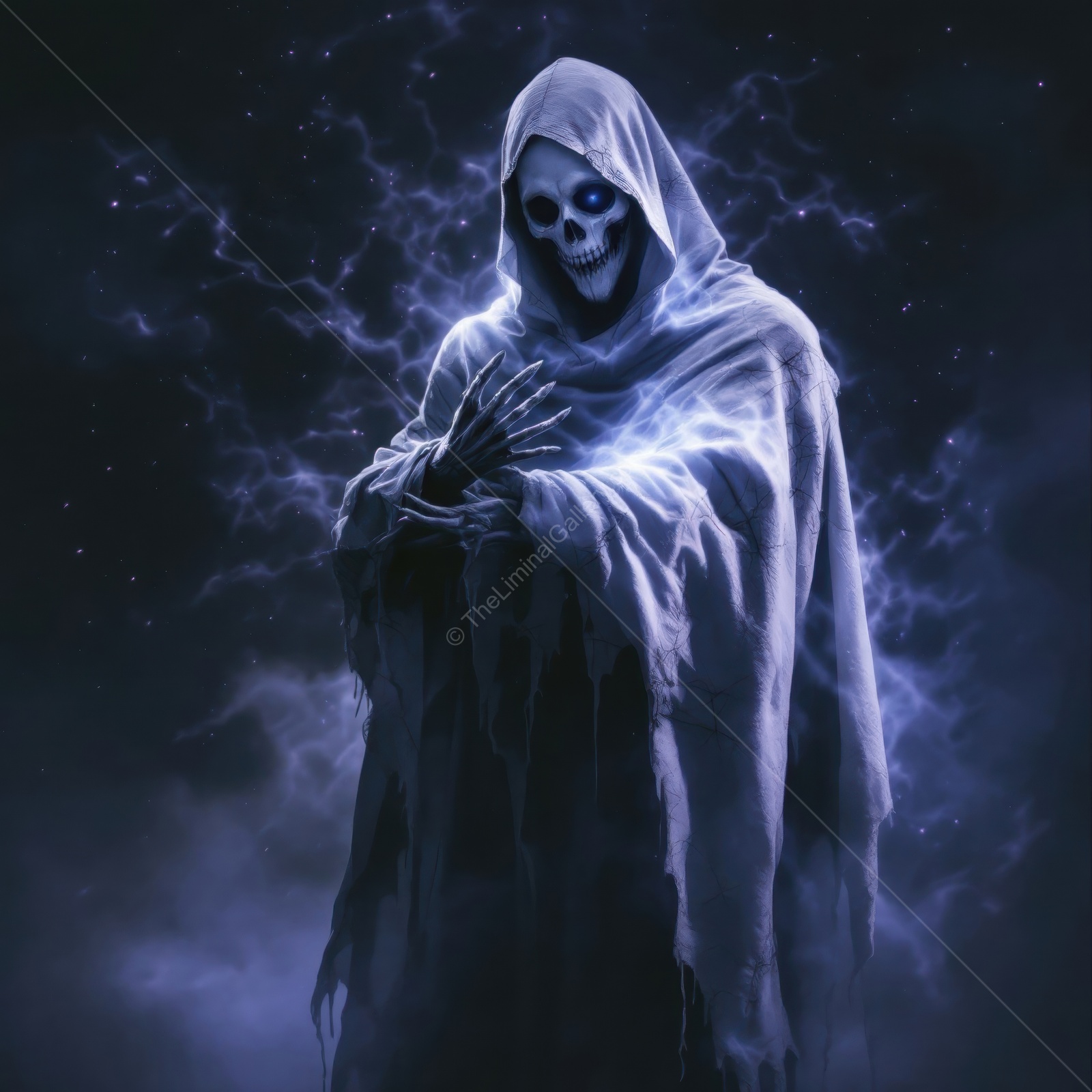 Mysterious figure in dark cloak stands amidst lightning and shadows at midnight