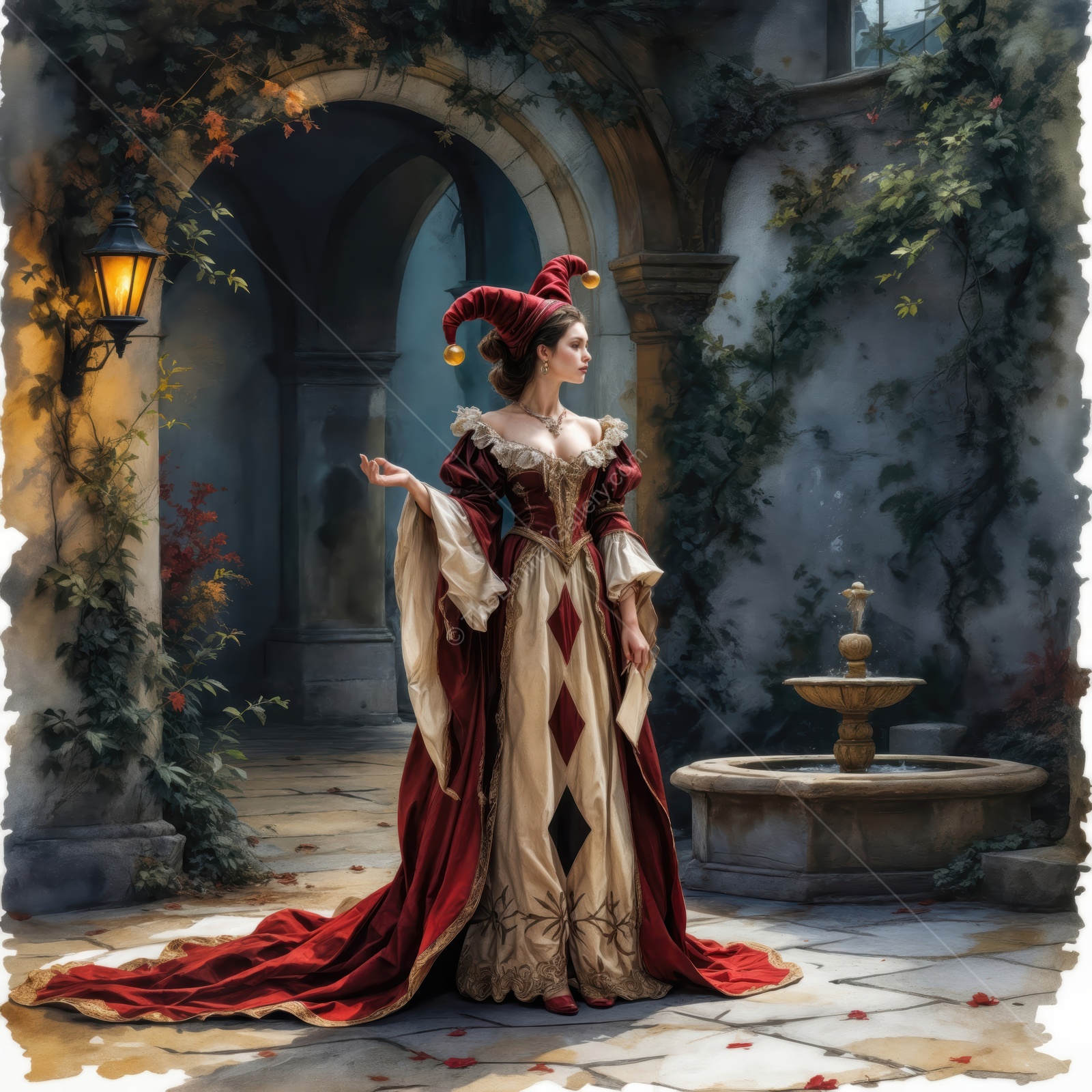 Elegant court jester in a historical courtyard during sunset with a serene fountain