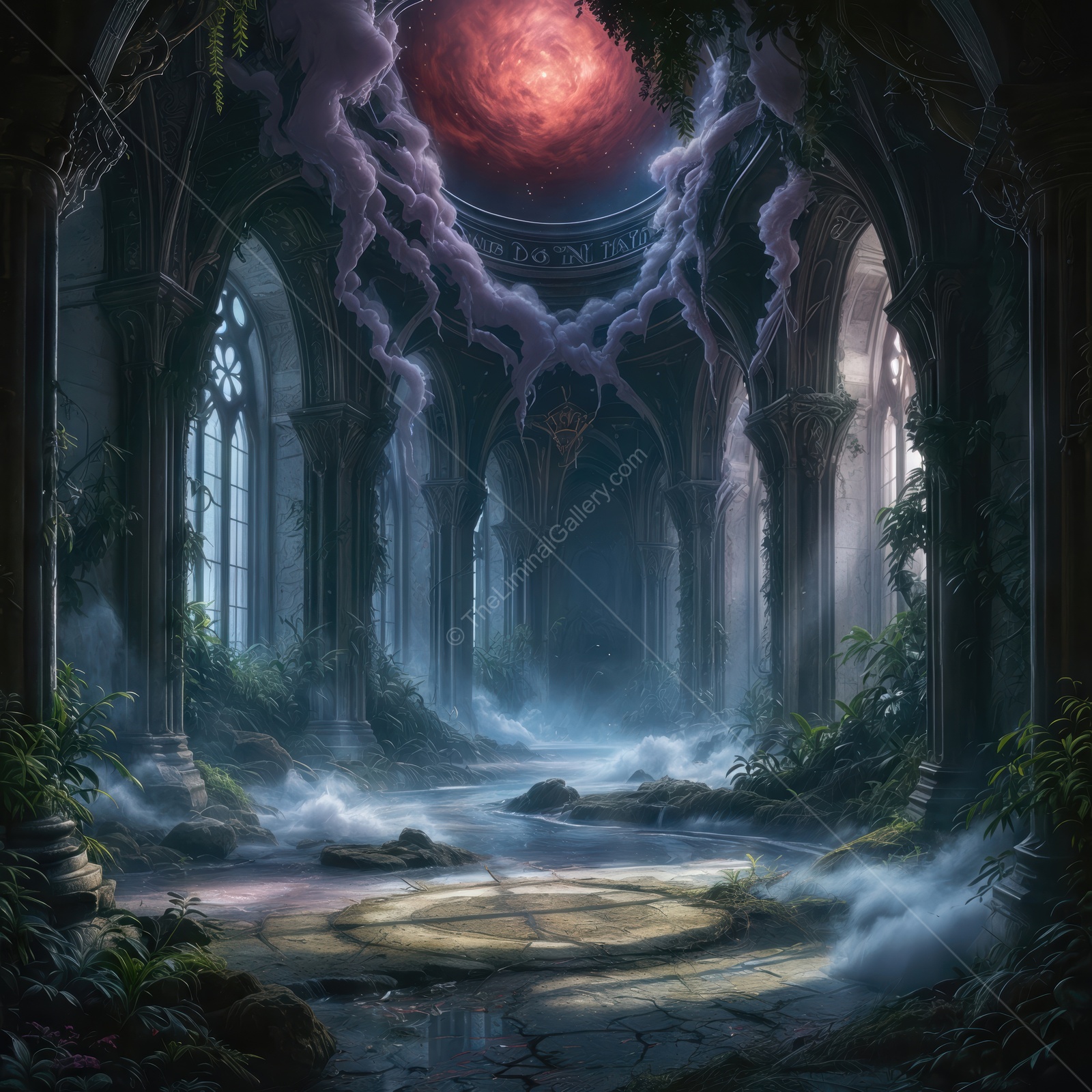 Mysterious ruins illuminated by a crimson sky with swirling mist and ancient trees in a forgotten temple