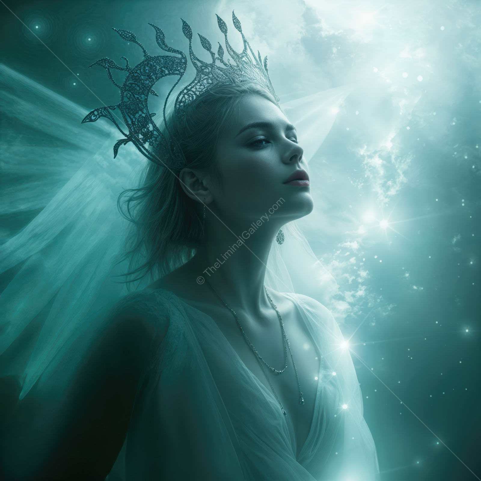 Majestic figure adorned with a glittering crown, embodying elegance and wonder in a realm of ethereal light and mystical ambiance