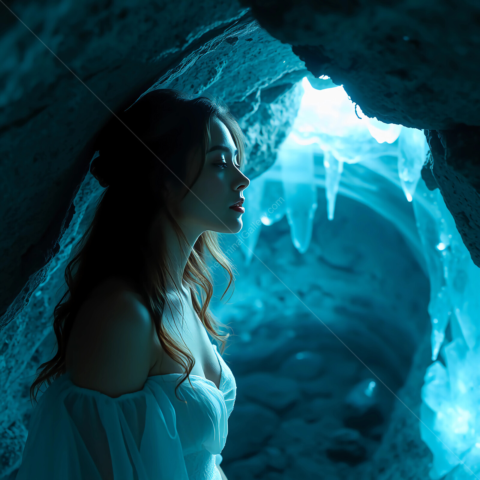 Mystical encounter in a crystal cave during twilight with a solitary woman