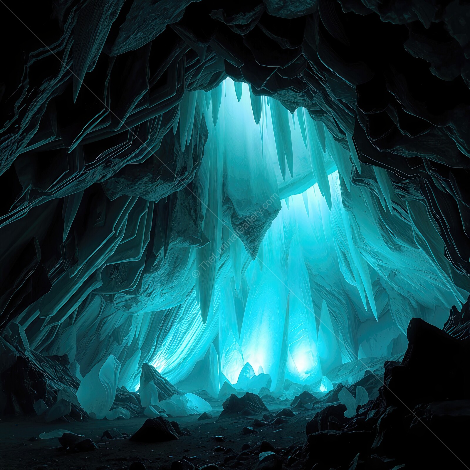 Explore the enchanting glow of a crystal cave illuminated by ethereal blue light at dawn