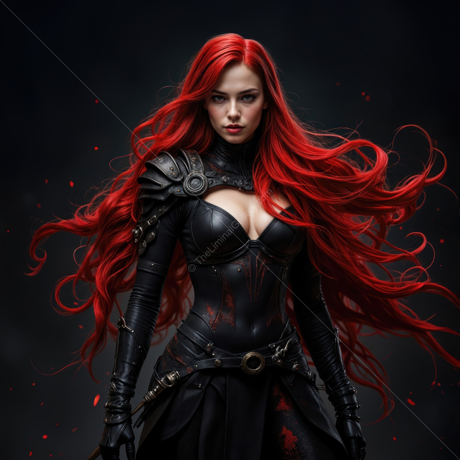 Striking figure in dark armor showcasing fierce determination and flowing red hair in a dramatic fantasy setting with shadows and vibrant colors