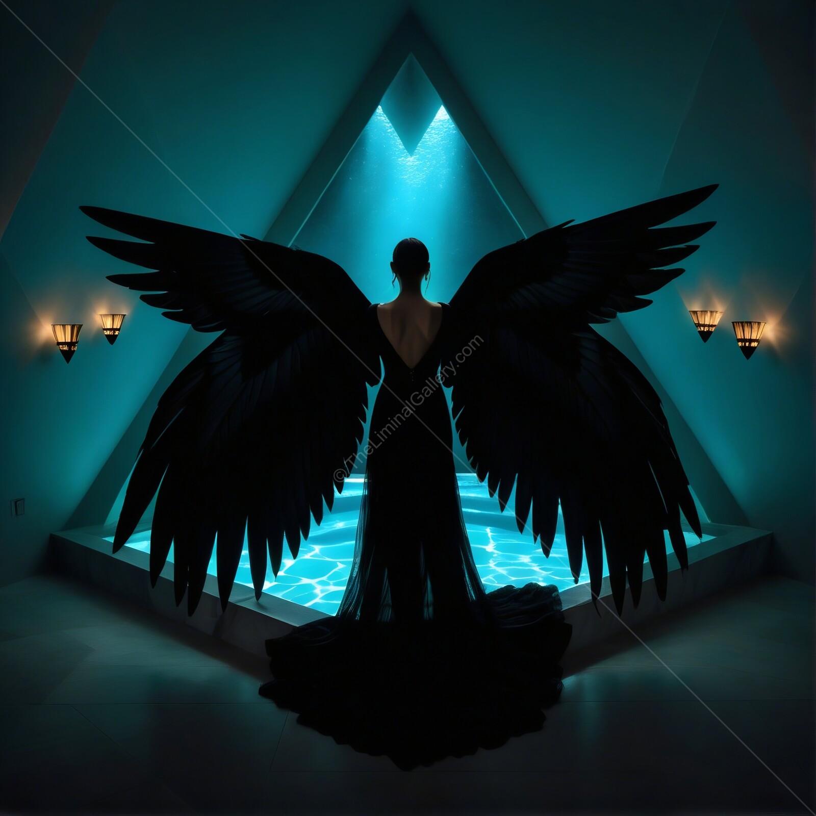 Mysterious butteryfly-like angel with dark wings stands before a shimmering blue pool in an ethereal setting
