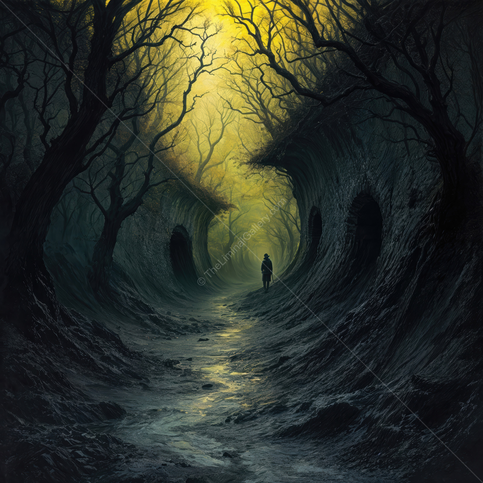 Mysterious journey through a dark forest path illuminated by an eerie yellow light at twilight