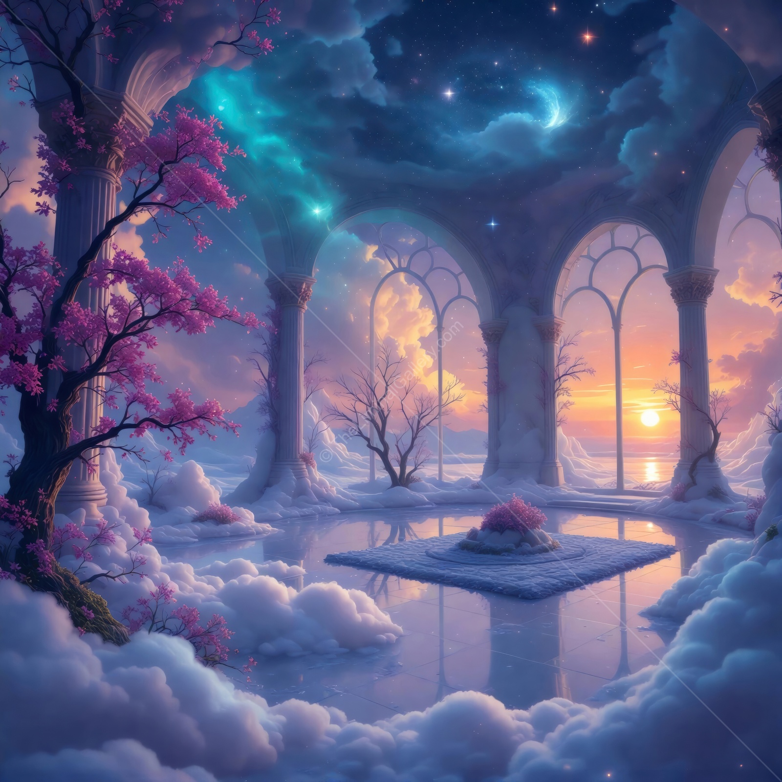 Dreamlike sanctuary amidst clouds and vibrant twilight