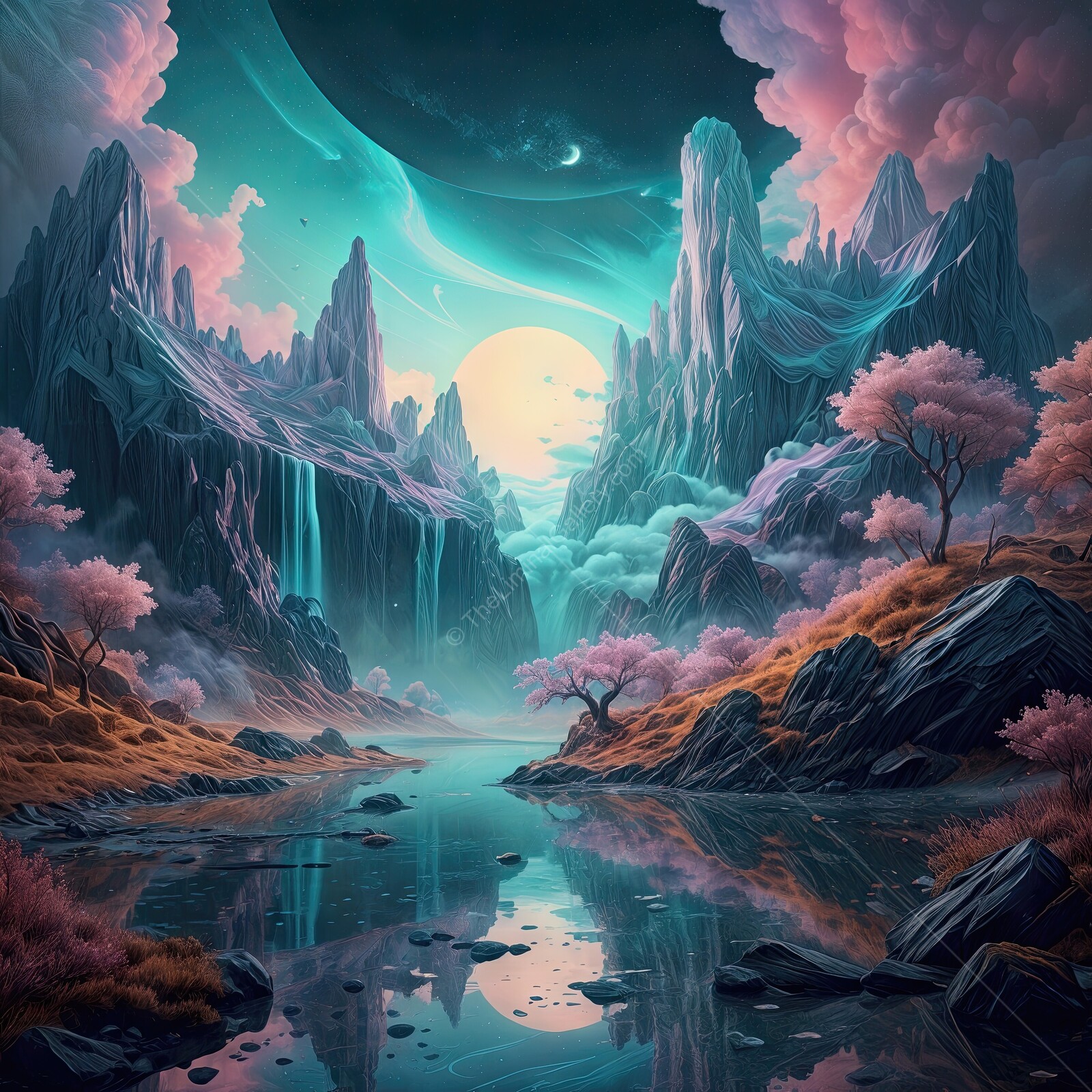 Dreamlike landscape with vibrant skies and tranquil waters at twilight