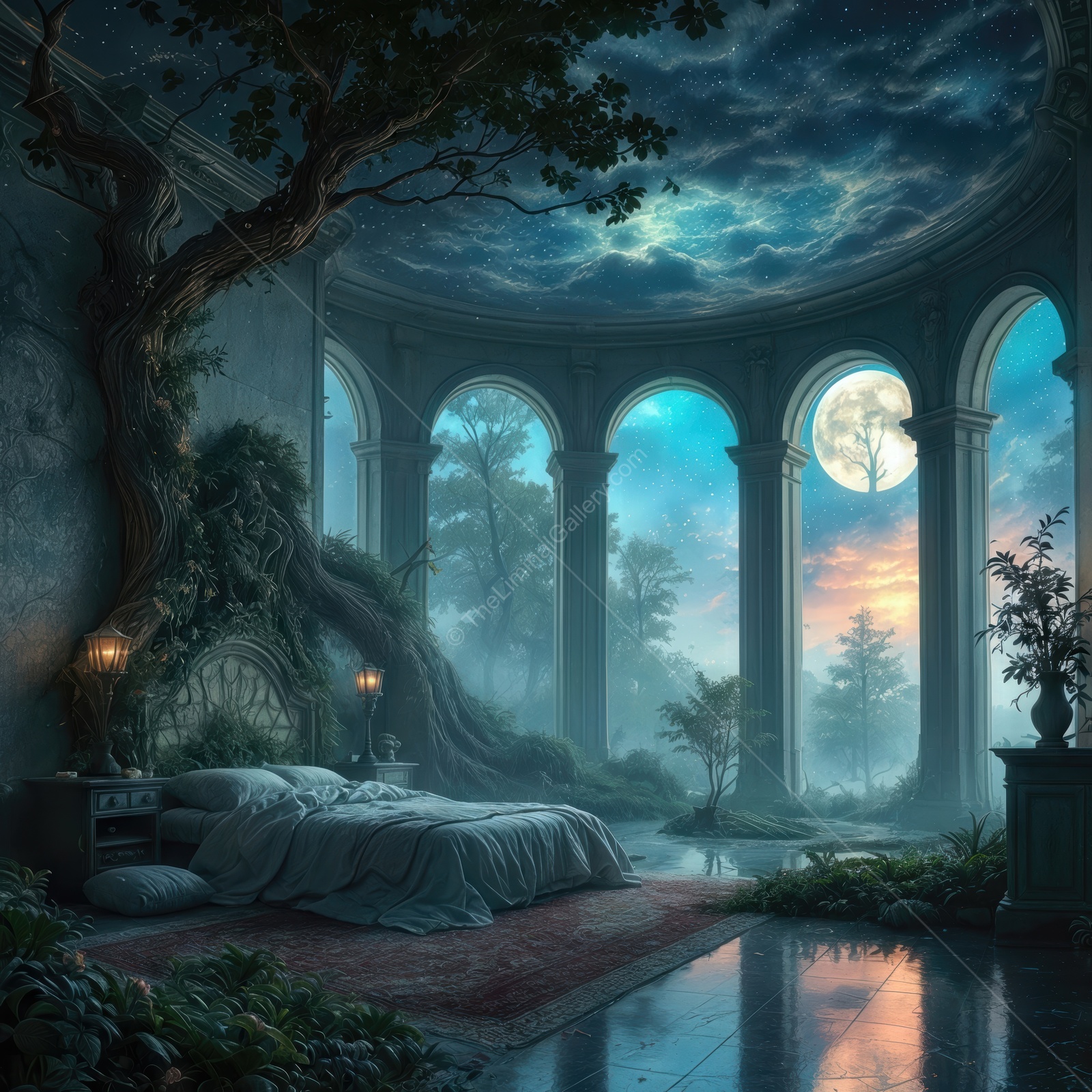 Dreamy bedroom with towering tree and mythical sky at dawn in a serene landscape