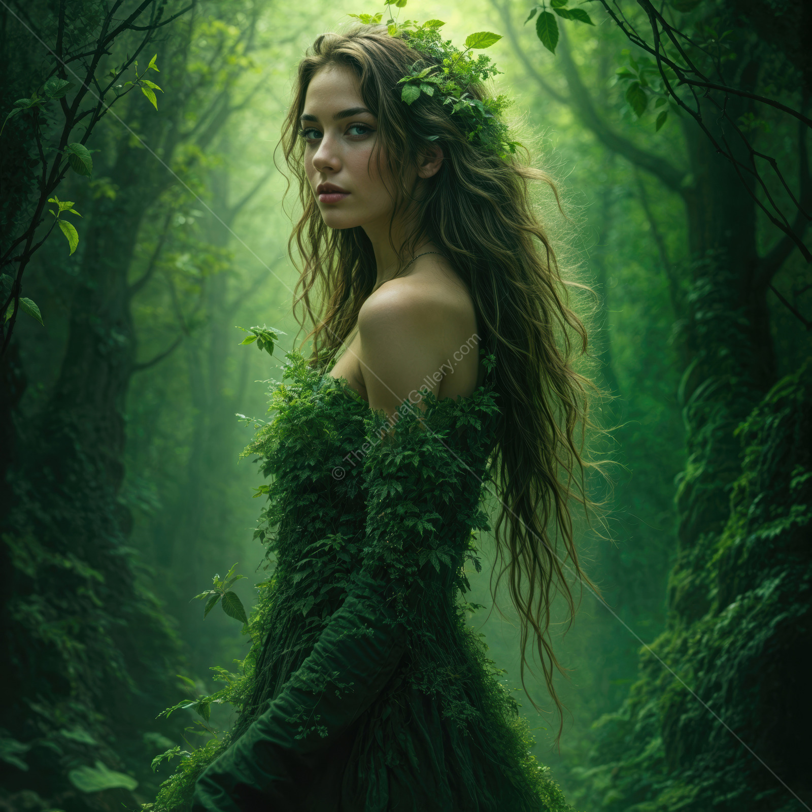 Enchanting encounter in a lush green forest with a mystical dryad adorned in leaves and nature