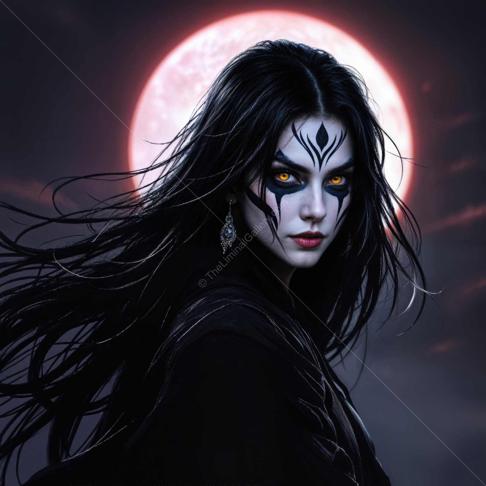 Eastern ninja woman in a fantasy realm confronts the moonlit night, embodying strength and mystery with captivating eyes reflecting otherworldly allure