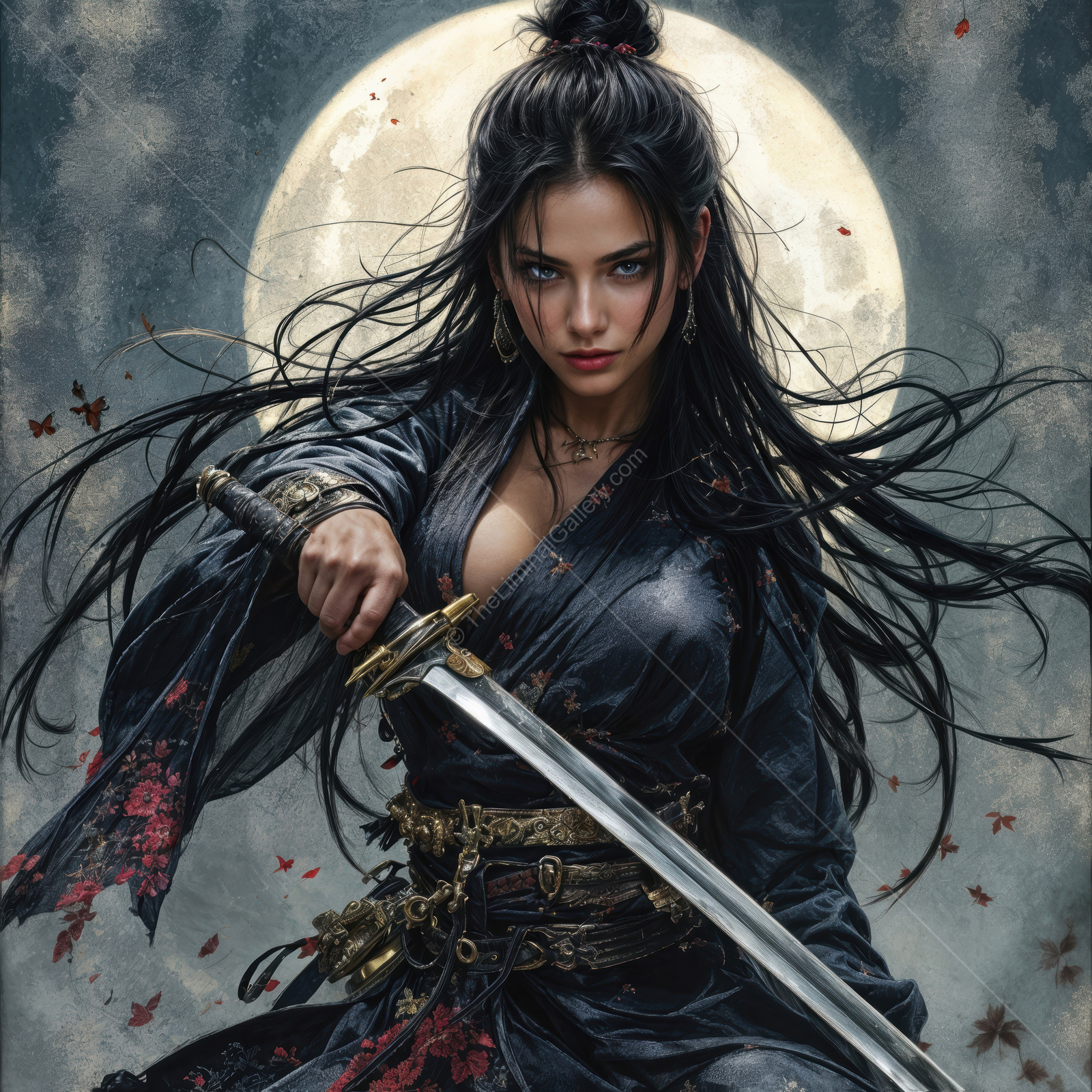 Eastern warrior woman stands poised under the luminous moon in a fantasy realm, embodying strength, beauty, and determination