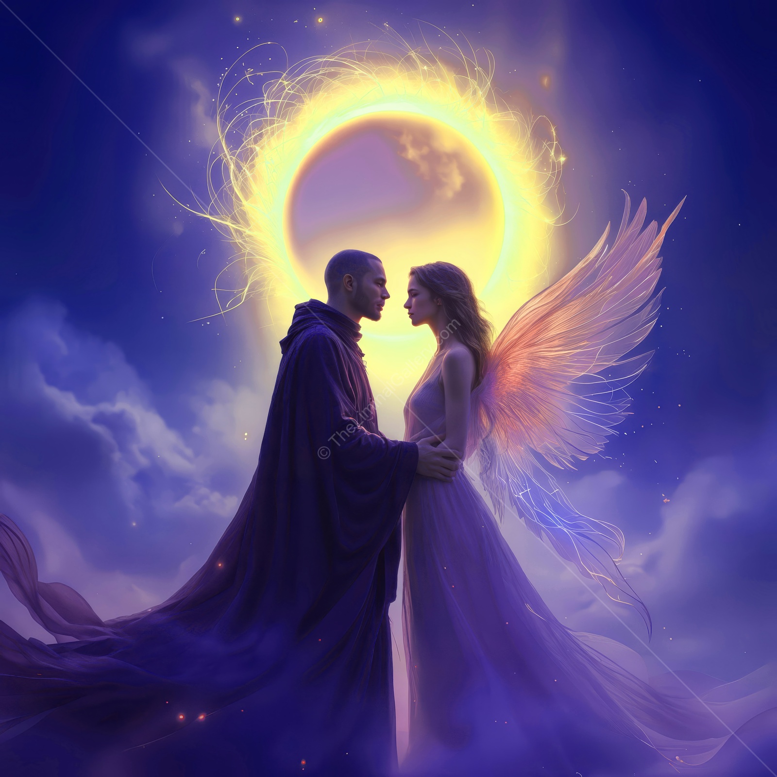 Enchanted encounter between a celestial being and a mystical figure under a radiant eclipse