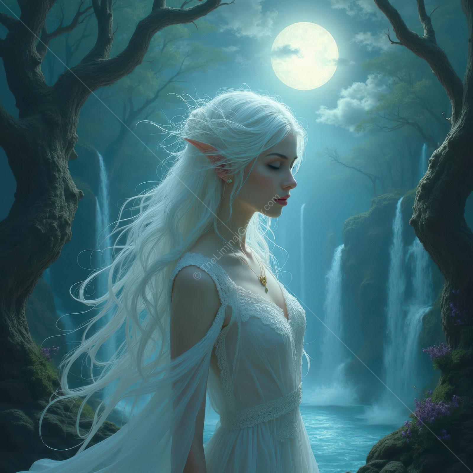 Elegant elf by the mystical waterfall under a full moon at twilight