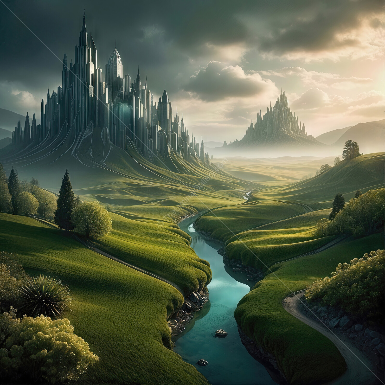 Majestic castle towers rise above lush green hills under a dramatic sunset sky
