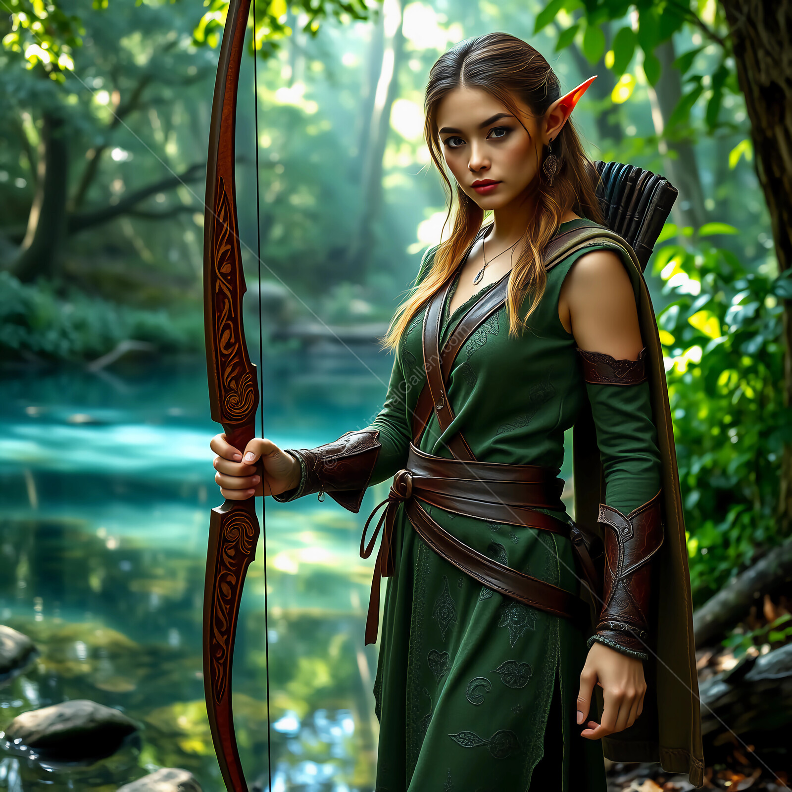 Enchanted elven archer stands poised by a mystical river in a sun-dappled forest during the golden hour