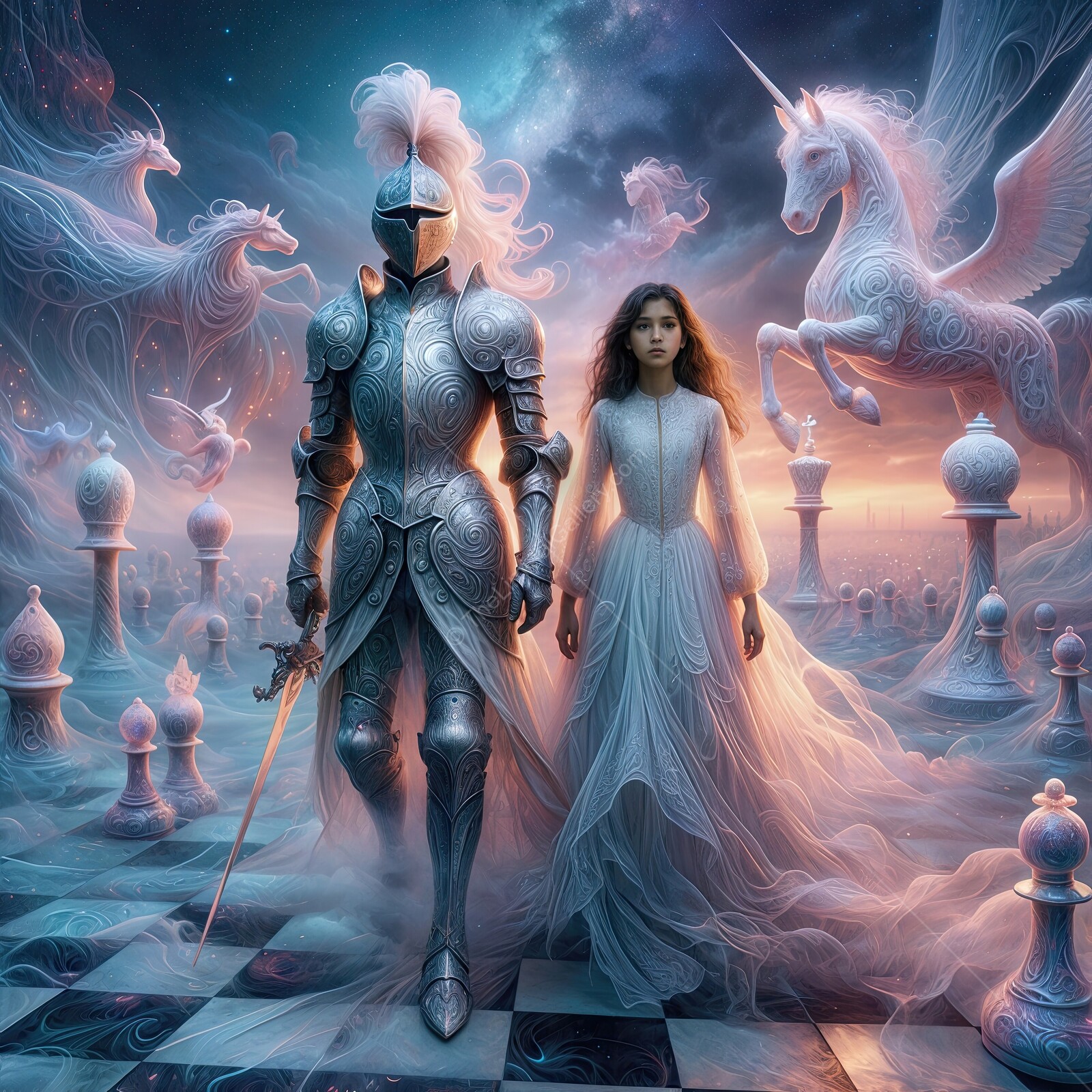 Enchanted chessboard realm where a knight and a young girl embark on a mystical adventure at dawn