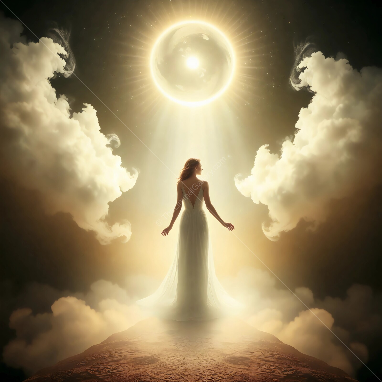 Enchanting priestess emerges amidst celestial clouds under a radiant sunbeam