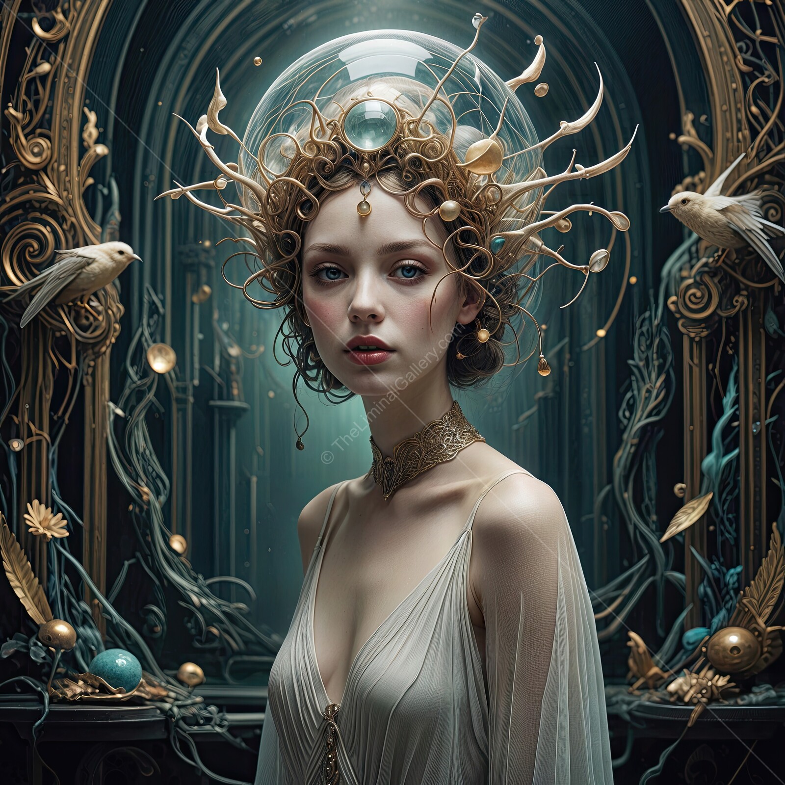 Enchanting woman adorned with nature-inspired elements in a mystical setting