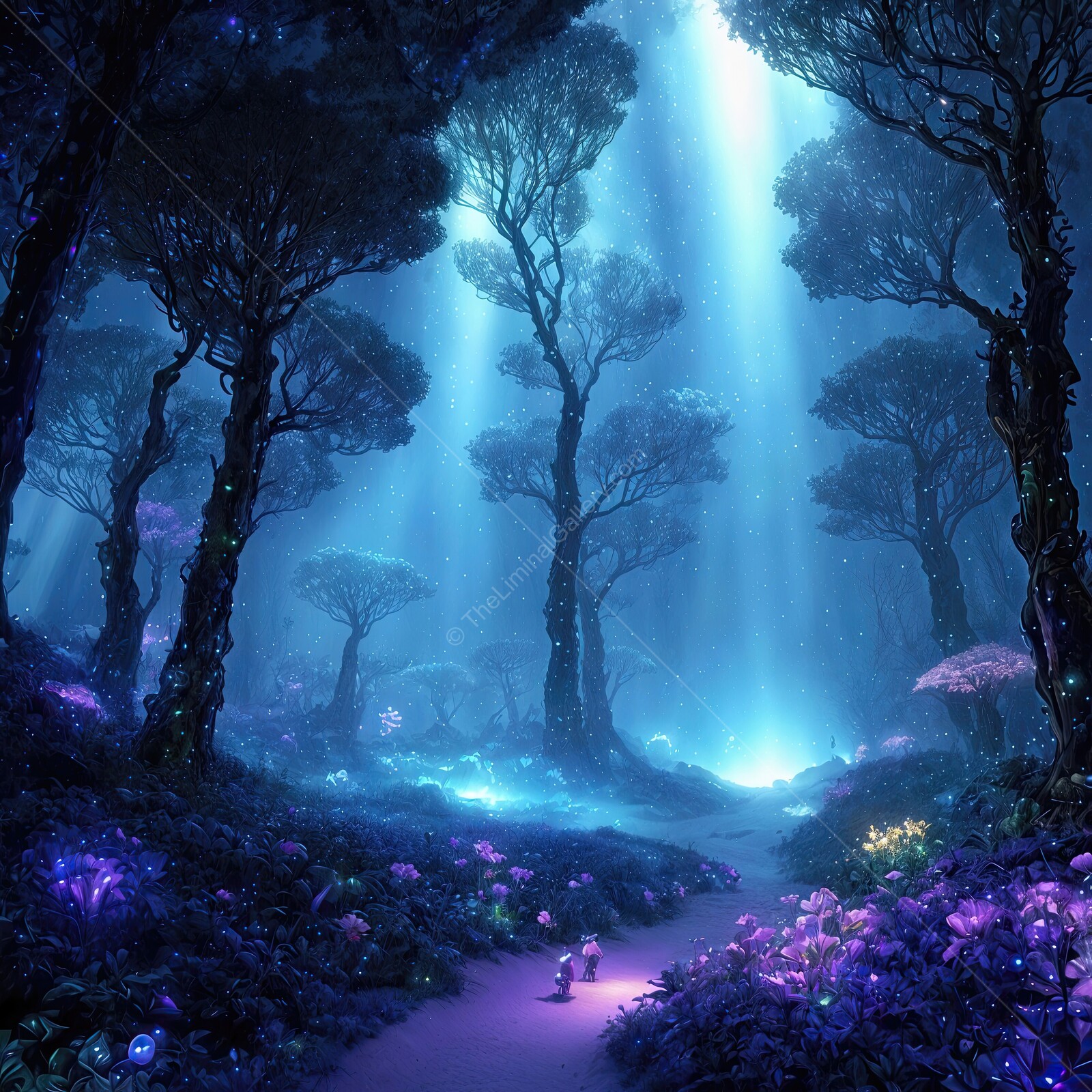 Enchanted liminal fantasy forest illuminated by ethereal light and vibrant flora at twilight