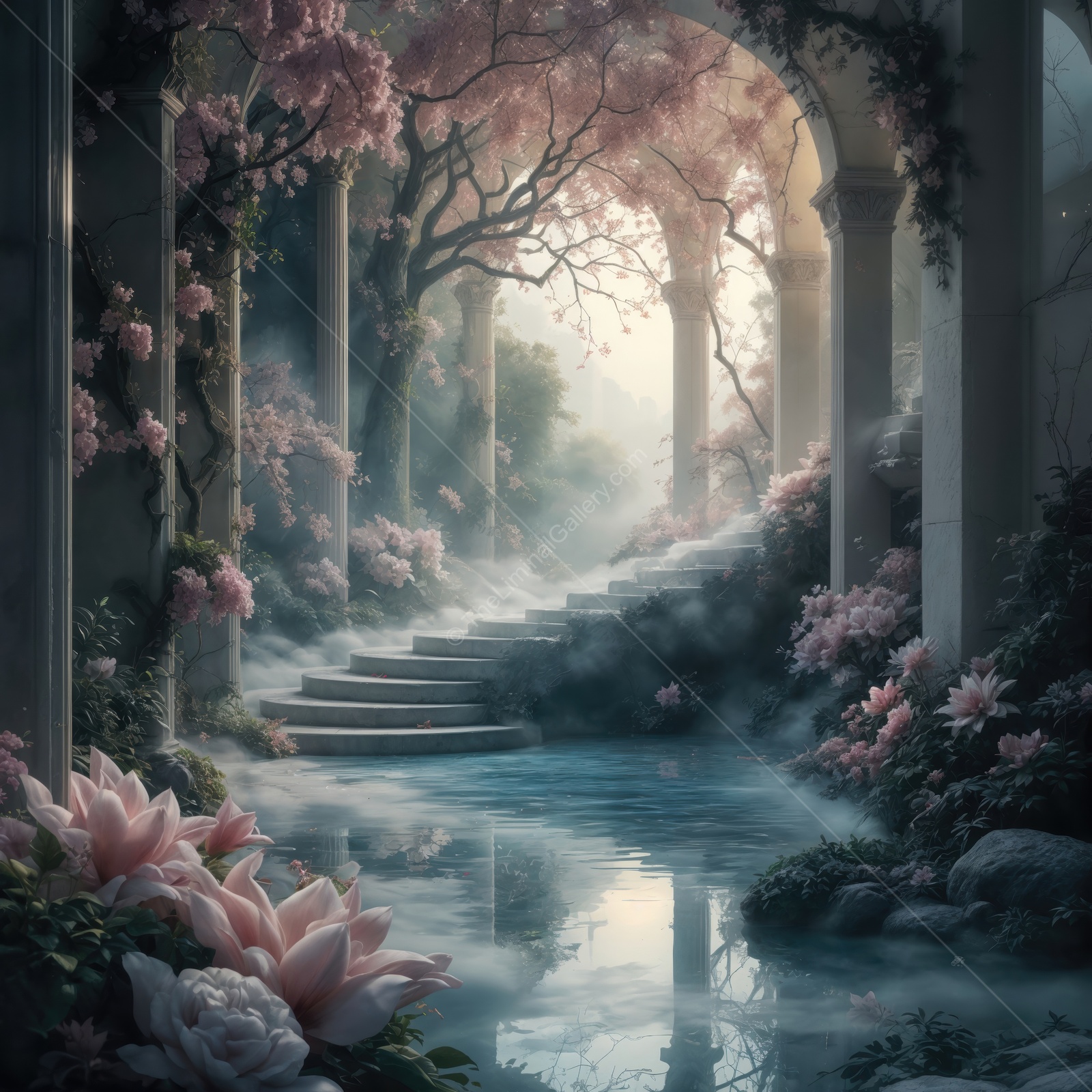 Serene landscape with blooming flowers and tranquil waters in an enchanted garden at dawn