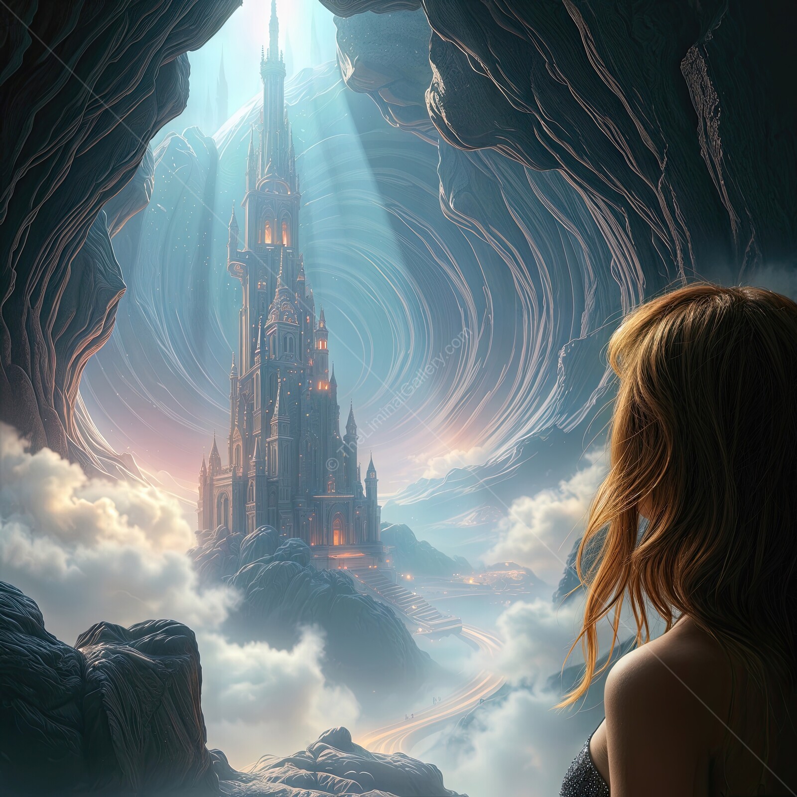Enchanted journey through a mystical cave to an ancient castle shrouded in clouds at twilight