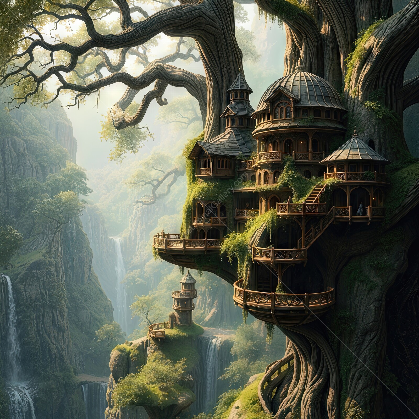 Enchanted elven fantasy treehouse village nestled among cascading waterfalls at dawn