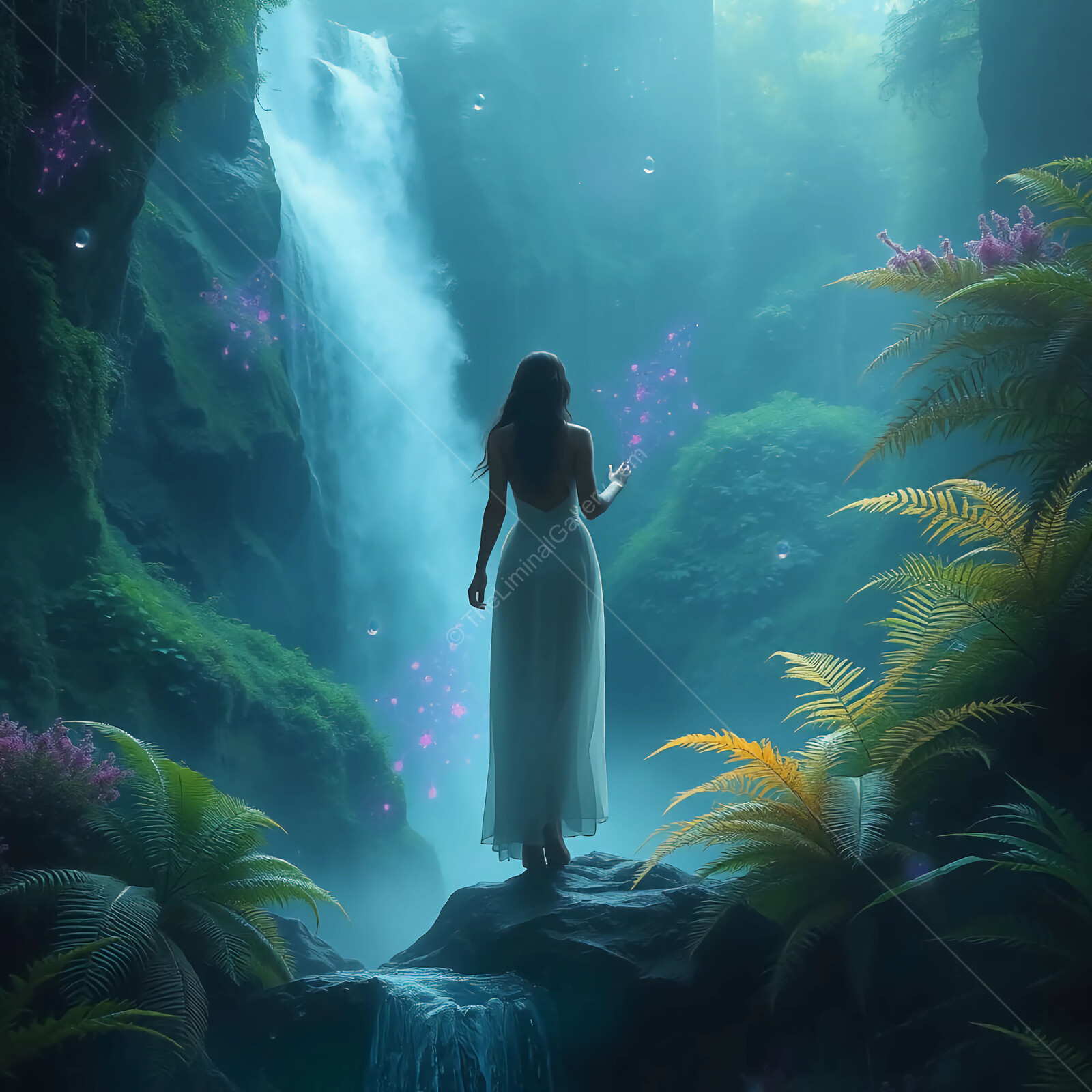 Enchanting waterfall glimmers under soft light as a woman gazes into the mystical forest at dusk