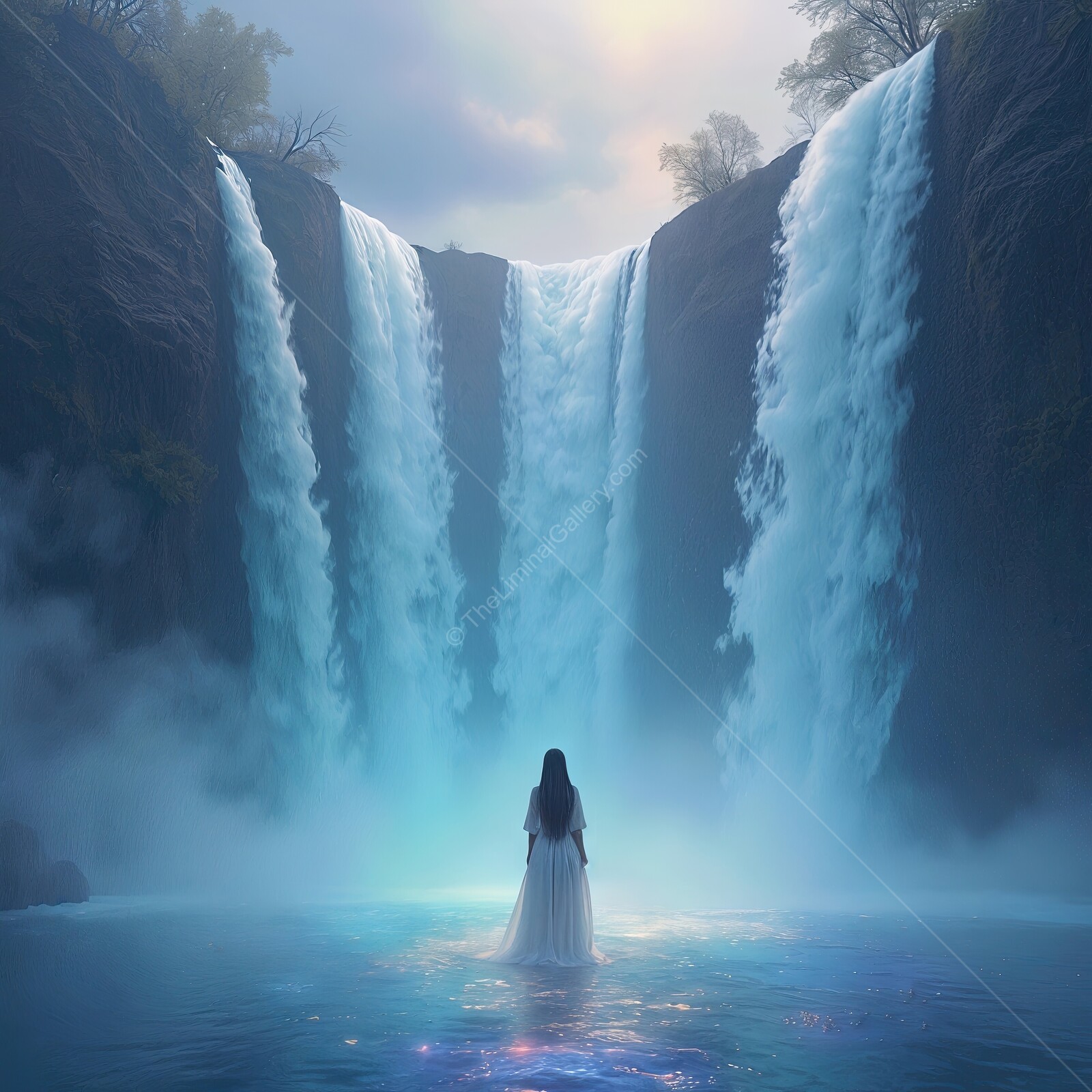 Enchanting waterfall embraces a solitary figure at dawn in a mystical landscape
