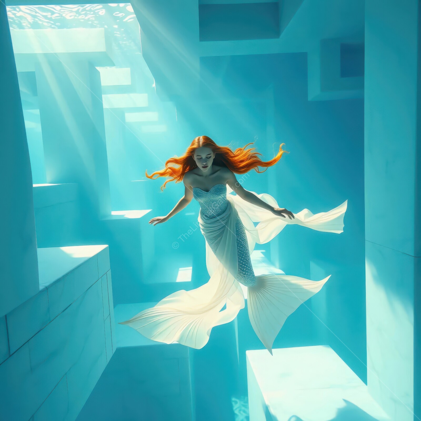 Dive into enchanting depths with a mesmerizing mermaid amidst serene blue architecture