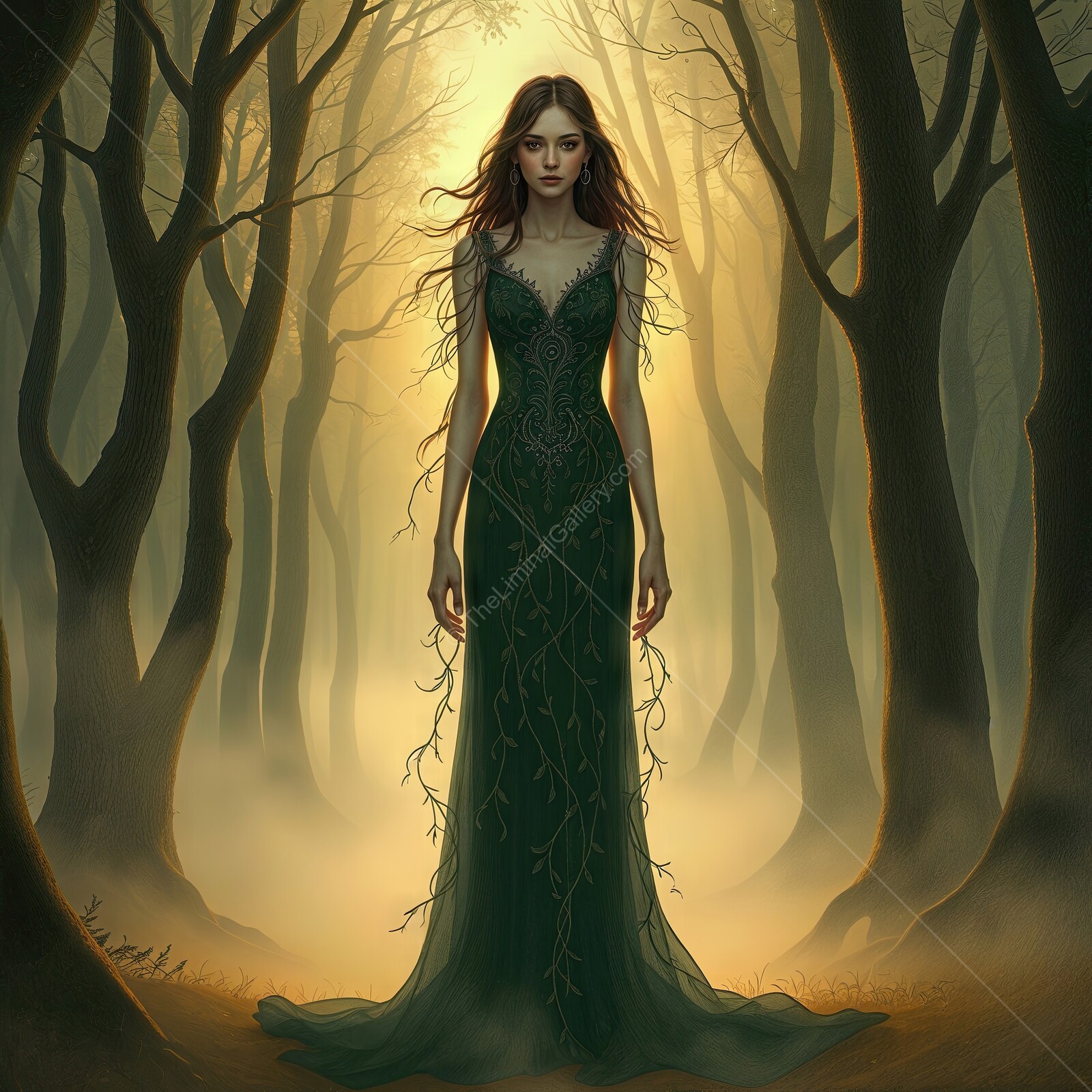 Enchanting dryad in a mystical forest wearing a stunning green gown illuminated by golden light at dusk