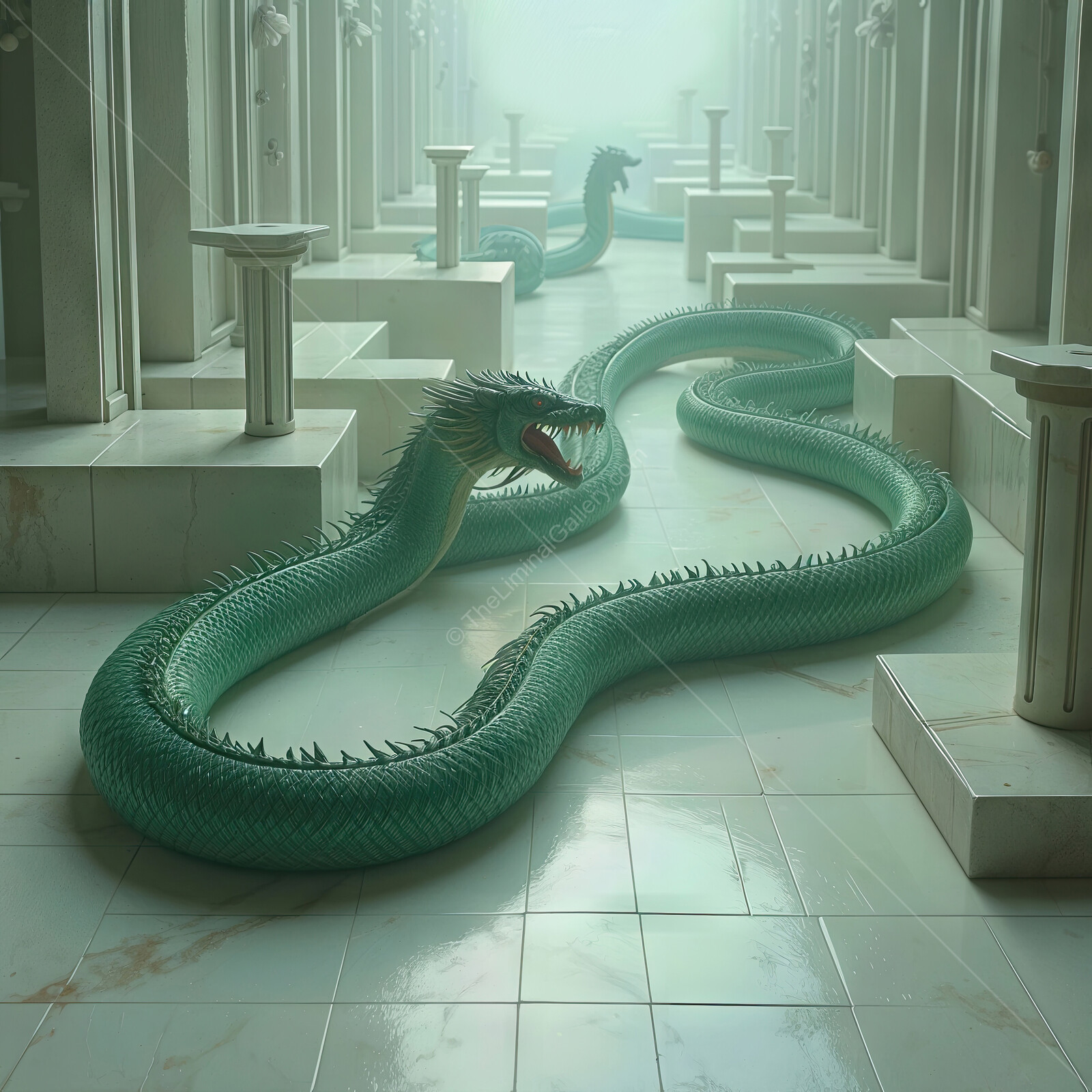 Enigmatic turquoise serpent winding through an ethereal, illuminated corridor of ancient pillars